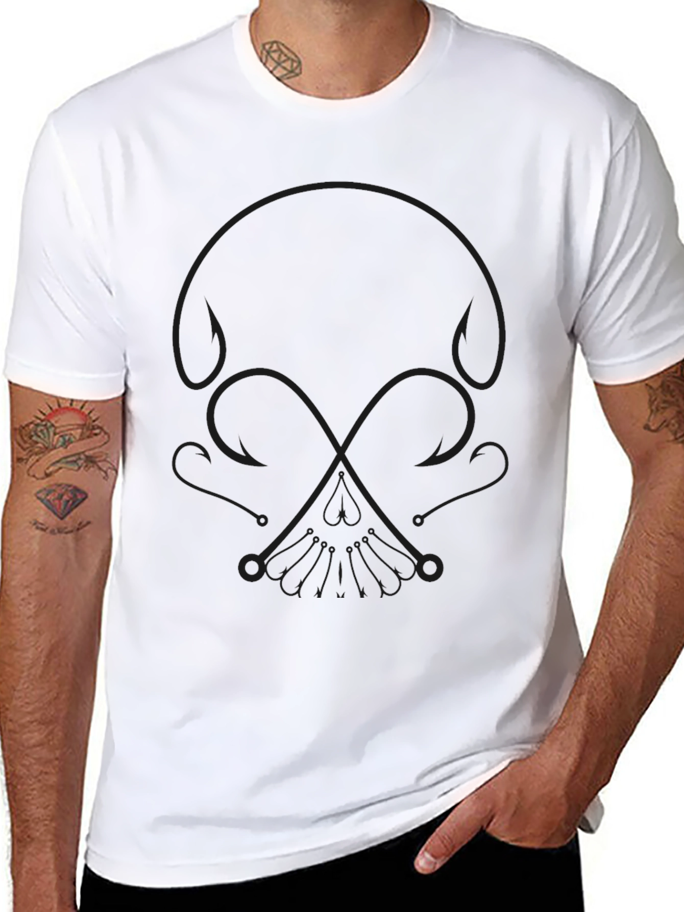 Skull Fishing Hook T-Shirt - Black Crew Neck Tee