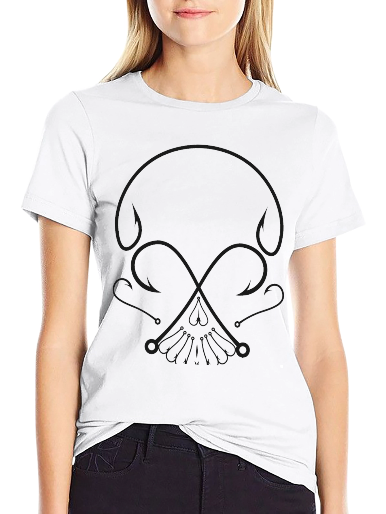 Skull Fishing Hook T-Shirt - Black Crew Neck Tee