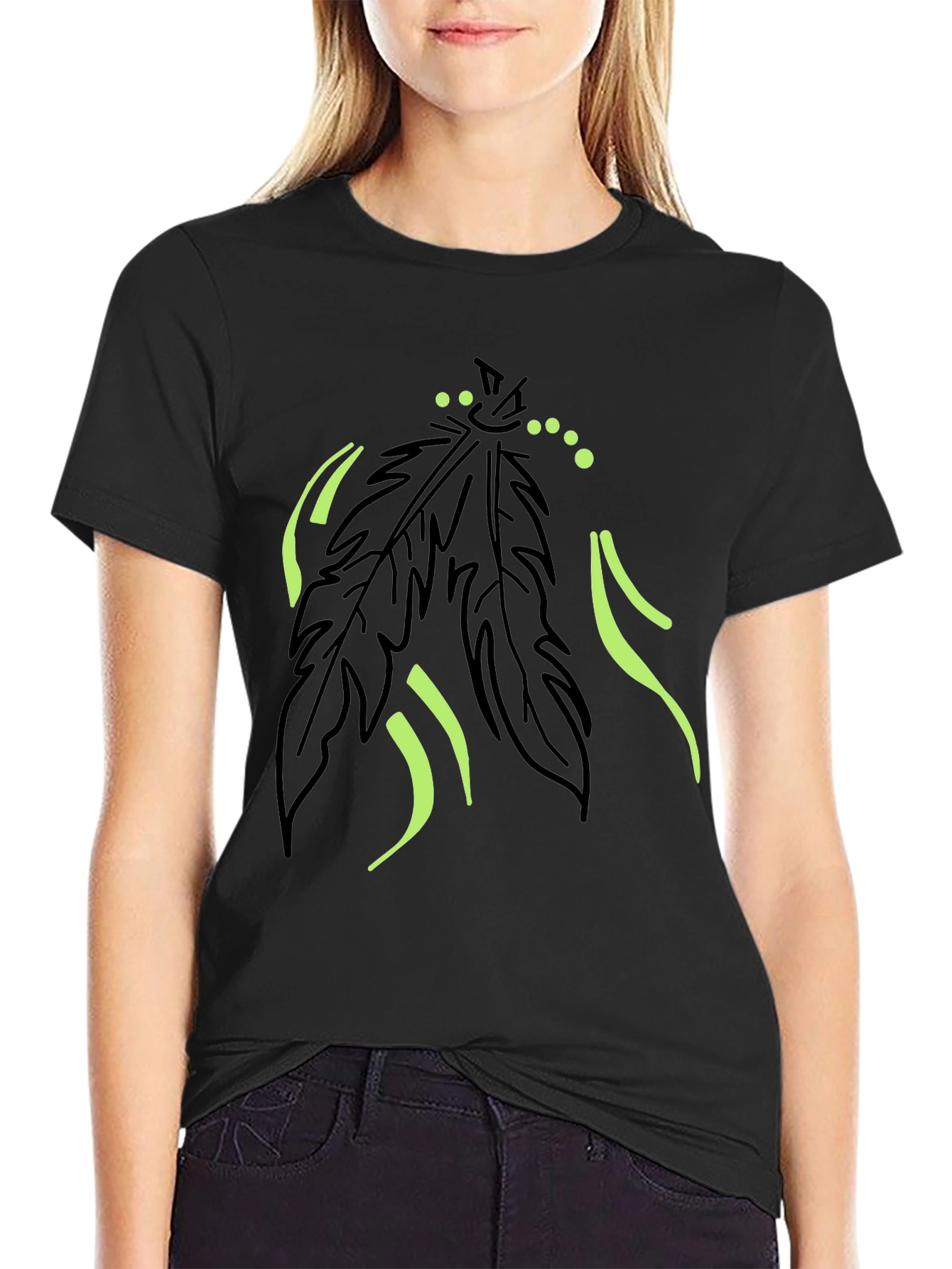 Mens Black T-Shirt with Feather Graphic Design