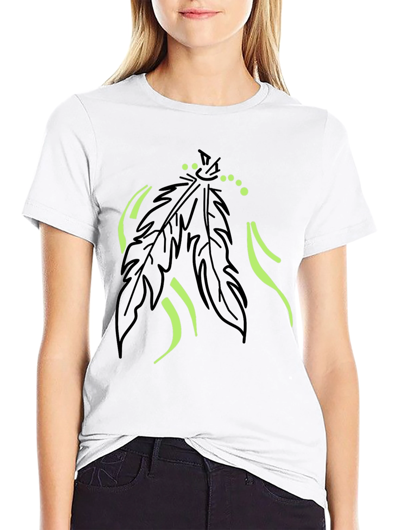 Mens Black T-Shirt with Feather Graphic Design