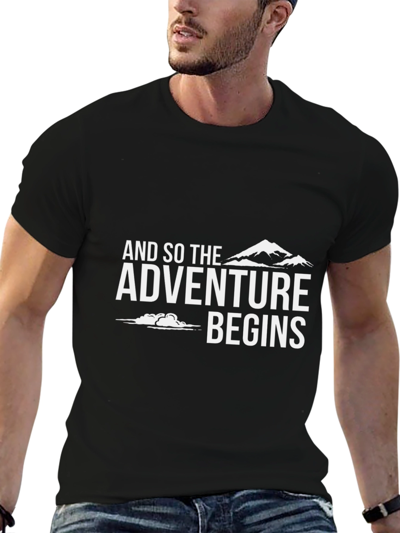 Adventure Begins Graphic Tee - Black Cotton Casual T-Shirt