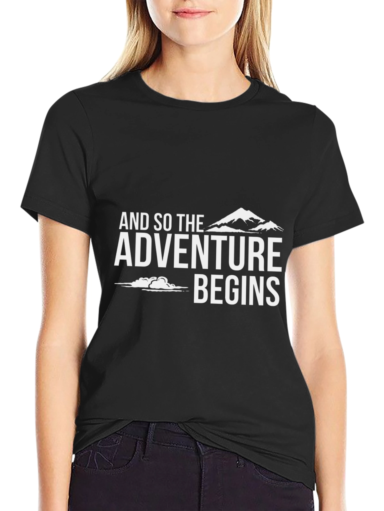 Adventure Begins Graphic Tee - Black Cotton Casual T-Shirt