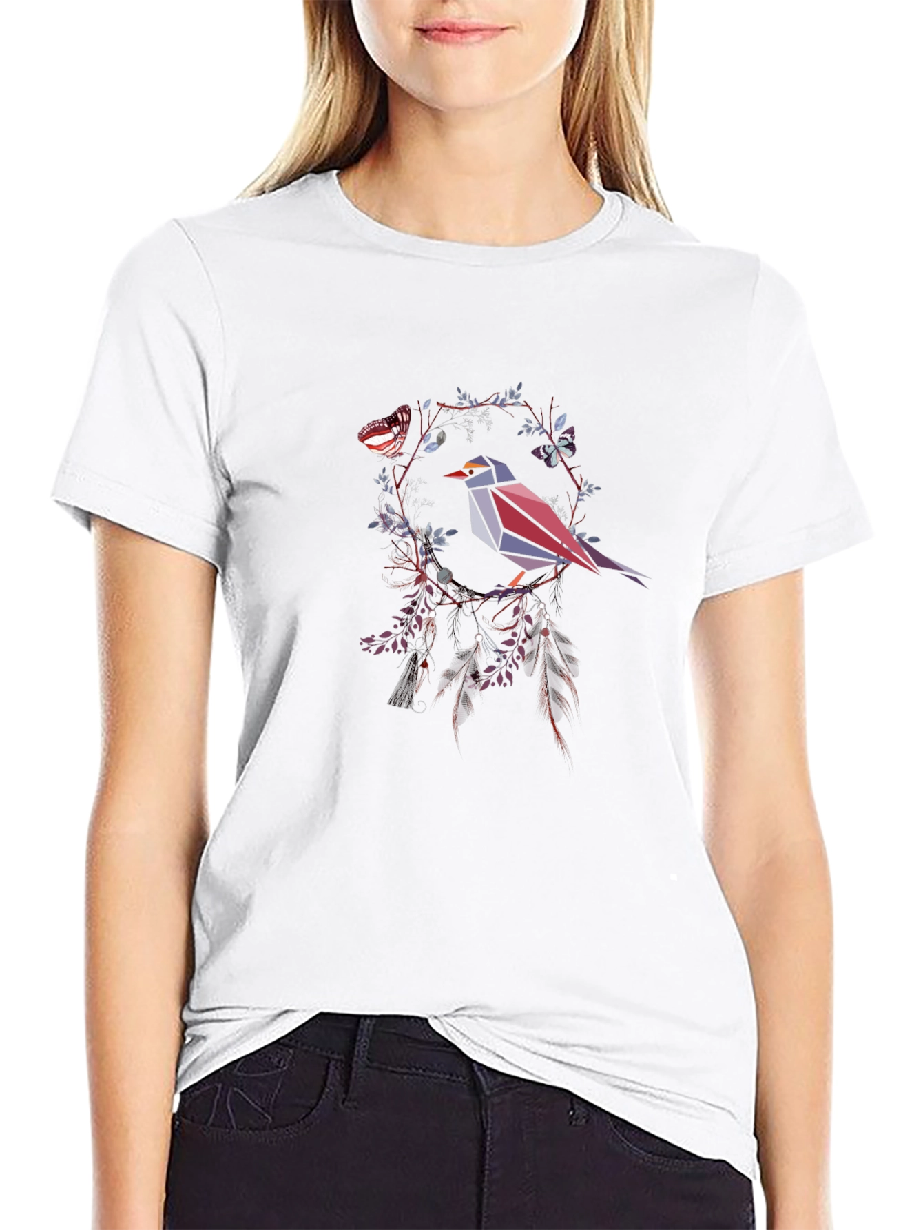 Geometric Bird & Butterfly Graphic T-Shirt