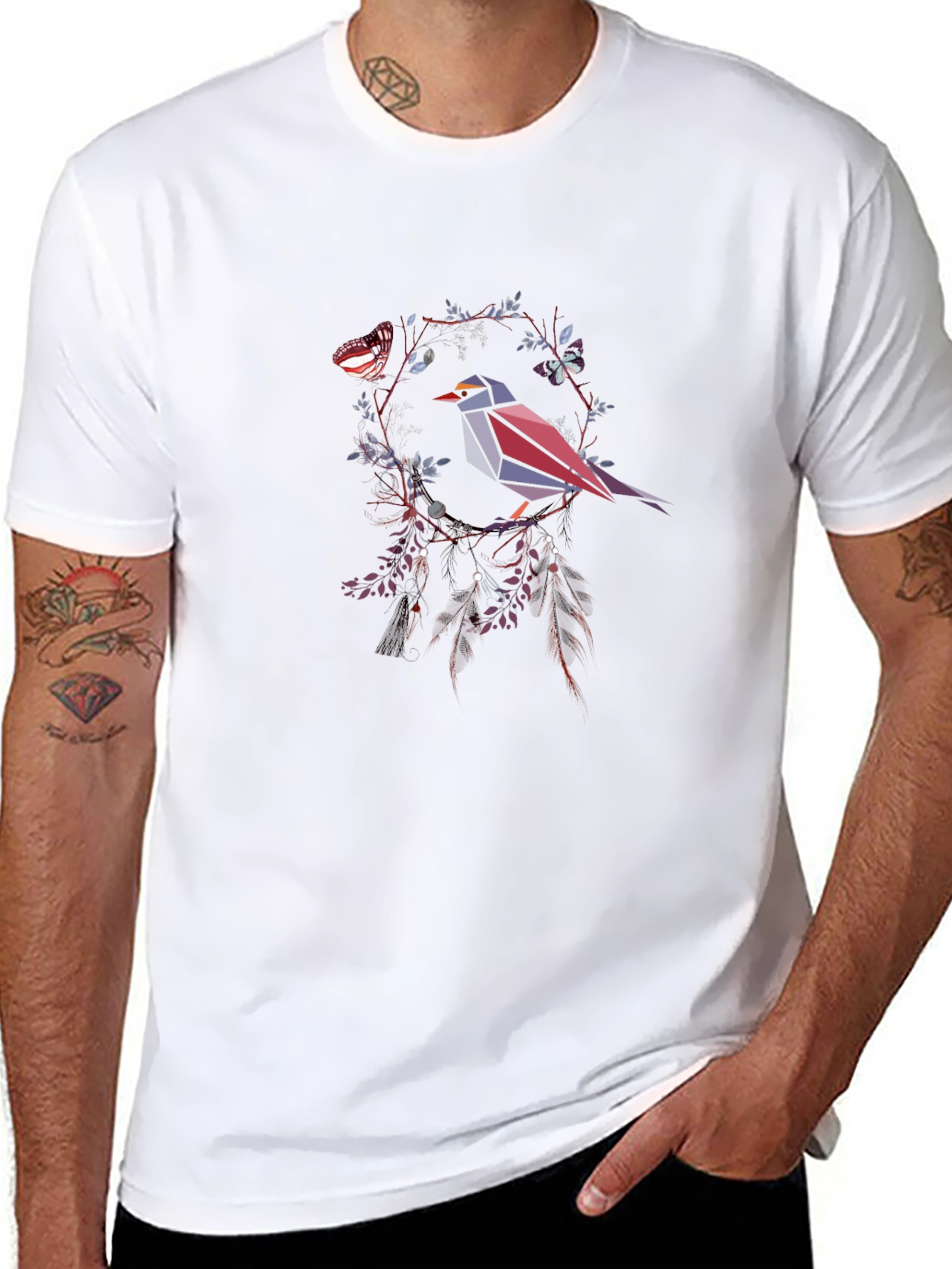 Geometric Bird & Butterfly Graphic T-Shirt