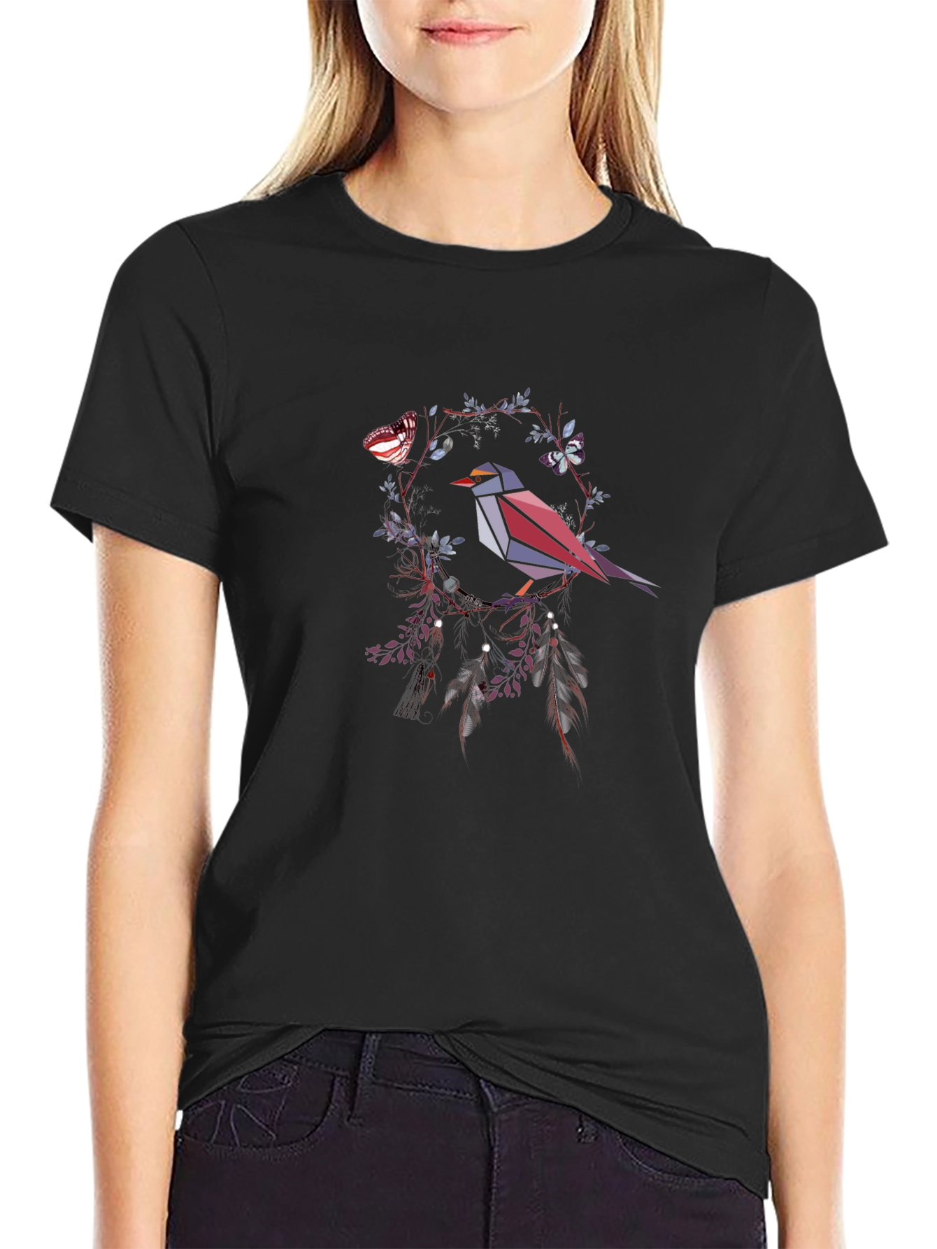 Geometric Bird & Butterfly Graphic T-Shirt