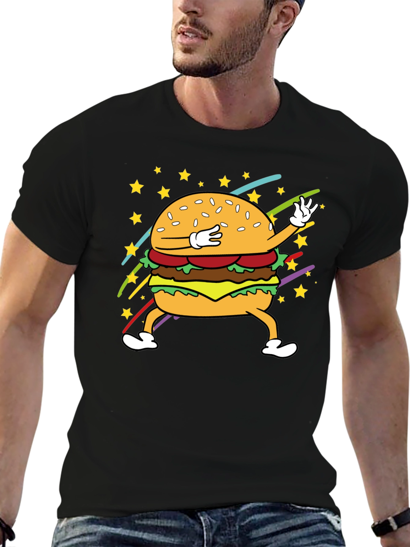 Dabbing Burger Graphic Tee - Black Cotton T-Shirt