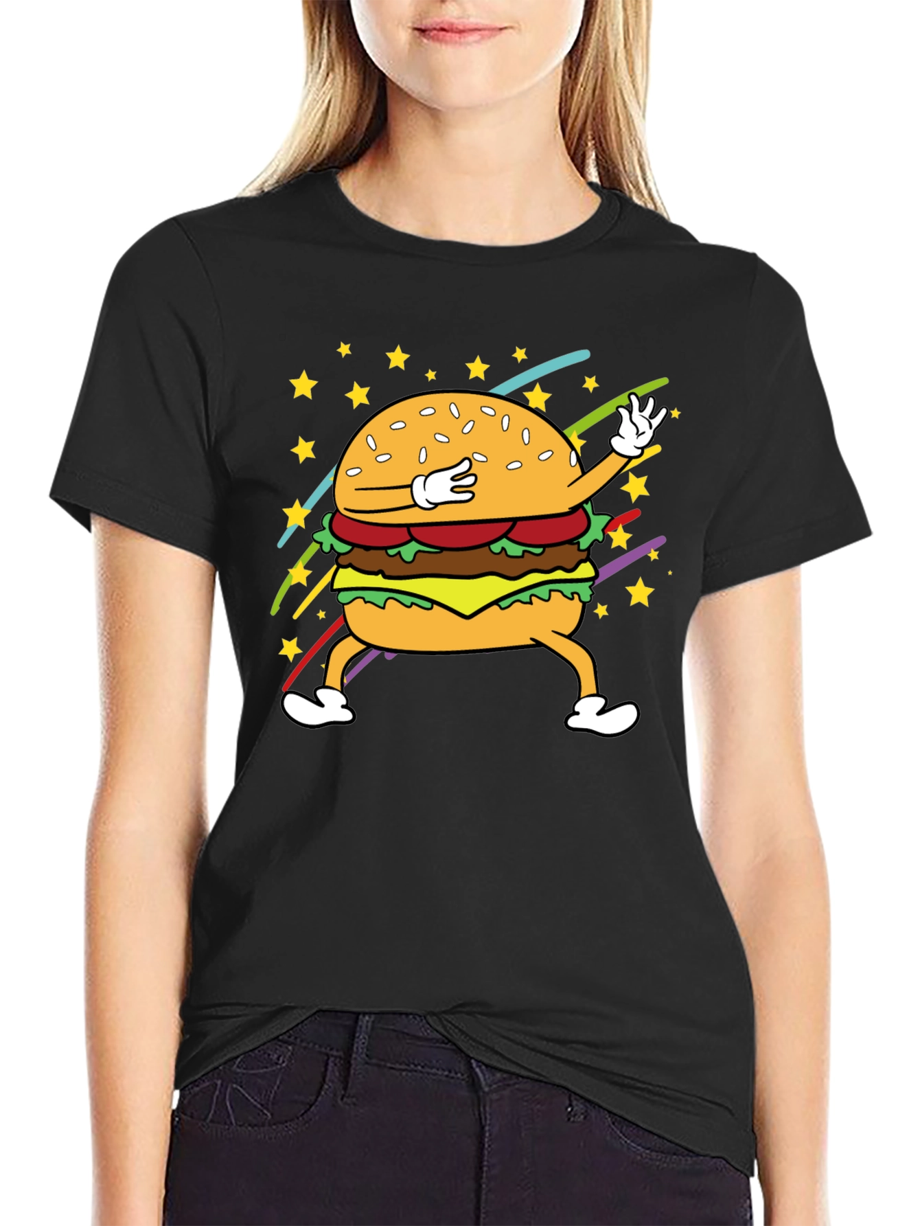 Dabbing Burger Graphic Tee - Black Cotton T-Shirt