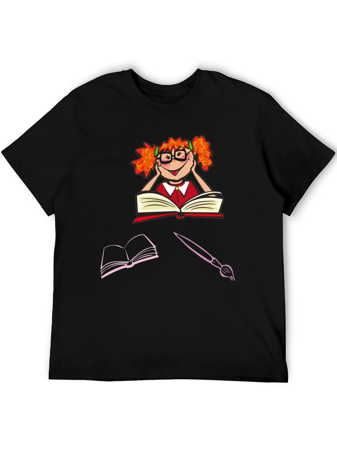 Bookworm Character Graphic Tee - Black Cotton T-Shirt