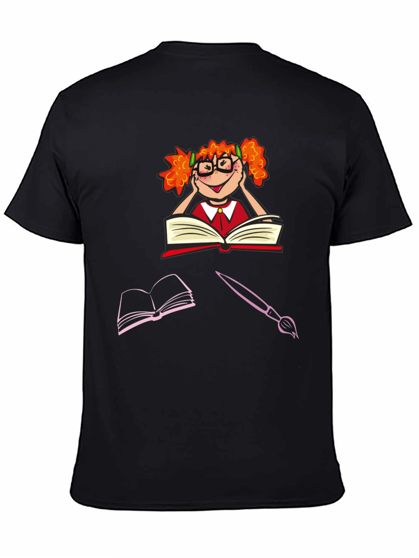 Bookworm Character Graphic Tee - Black Cotton T-Shirt