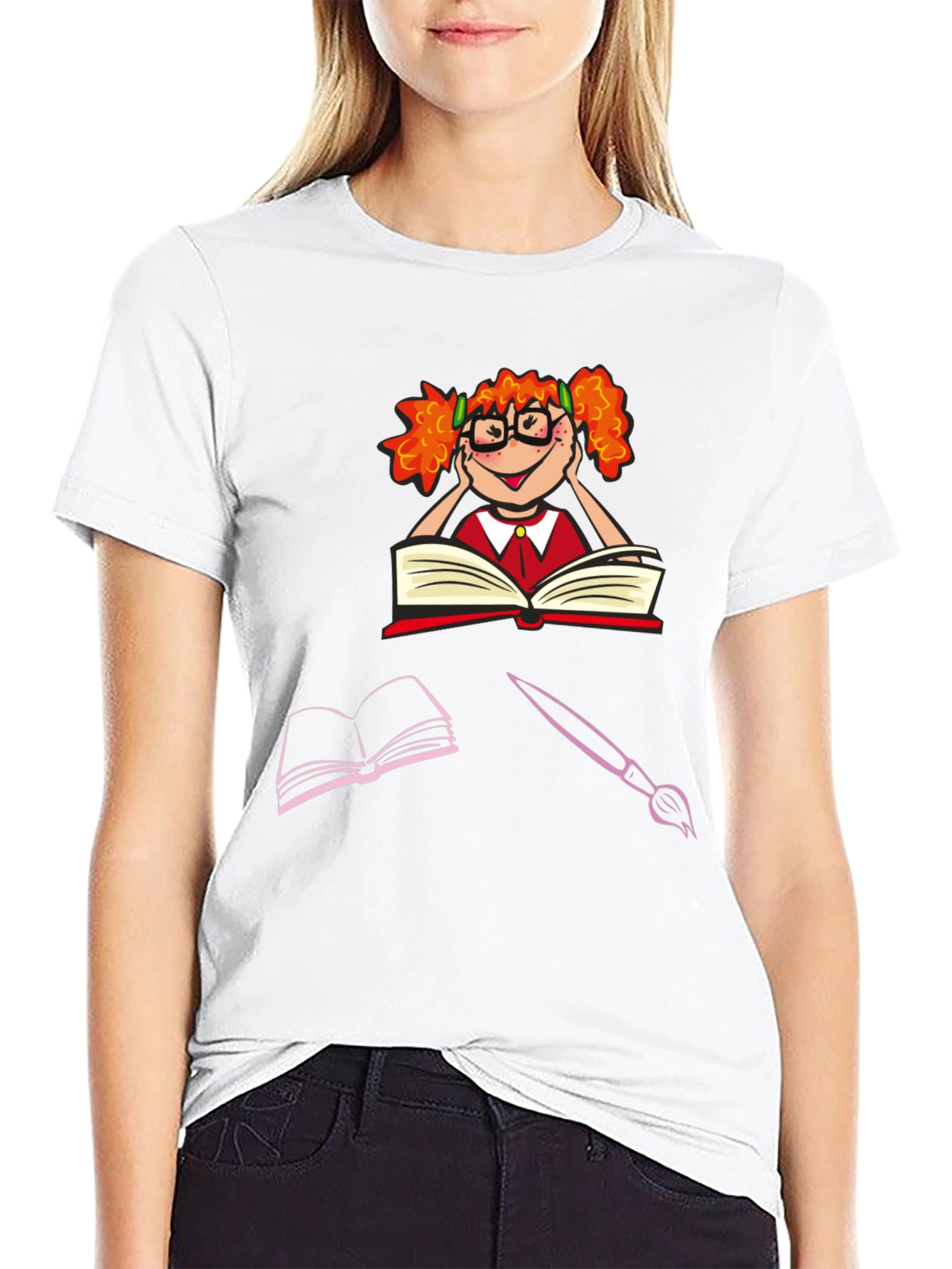 Bookworm Character Graphic Tee - Black Cotton T-Shirt