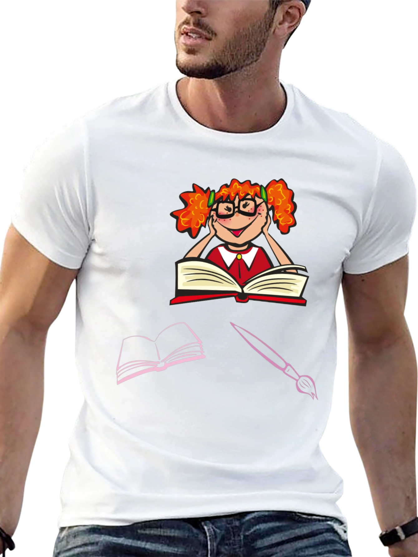 Bookworm Character Graphic Tee - Black Cotton T-Shirt
