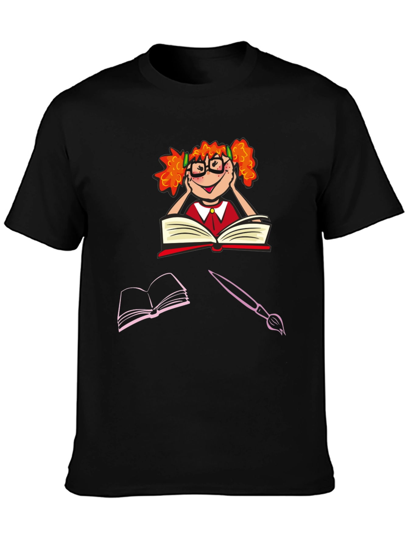 Bookworm Character Graphic Tee - Black Cotton T-Shirt