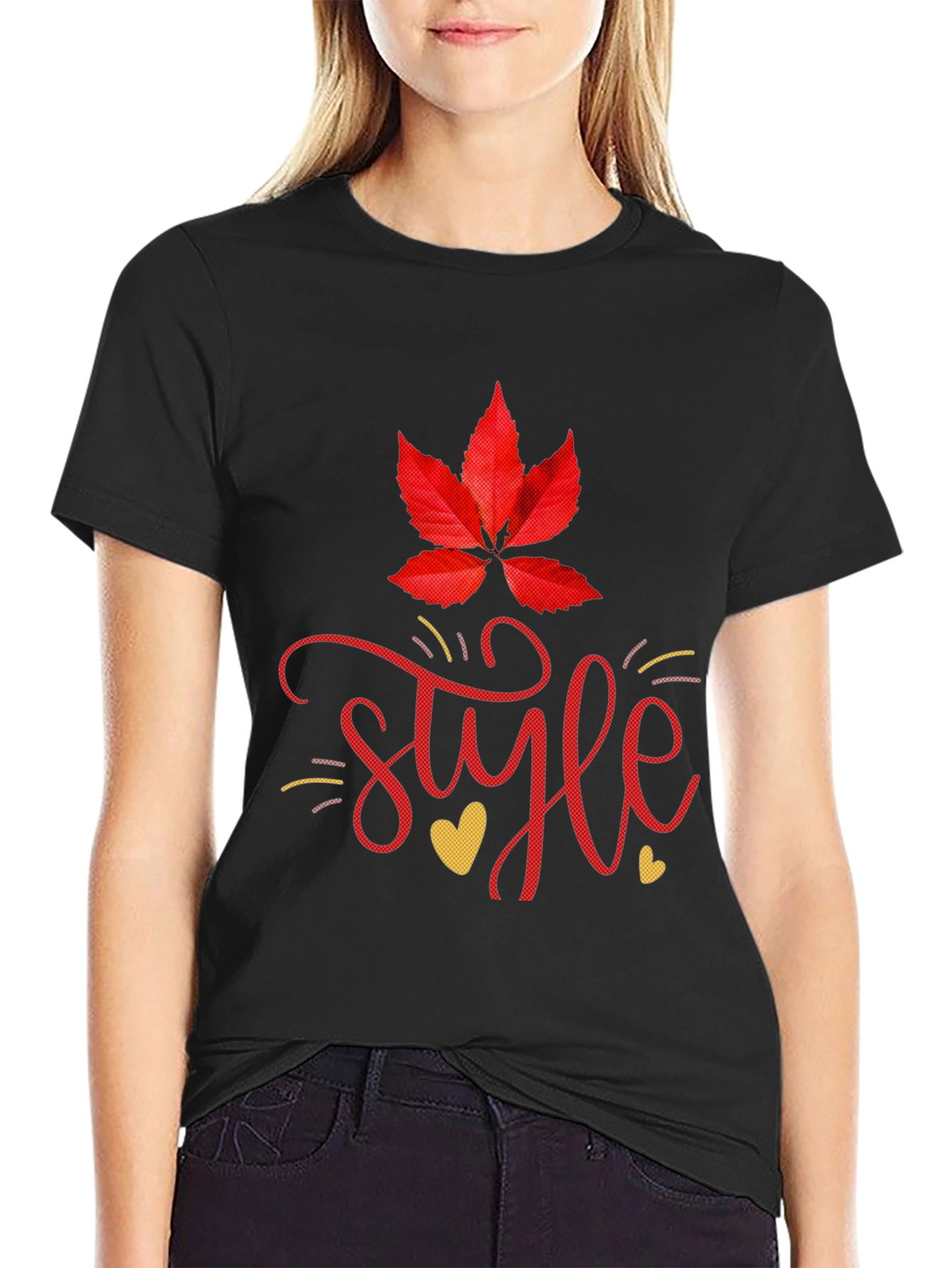 Stylish Black Tee with Leaf and Style Graphic