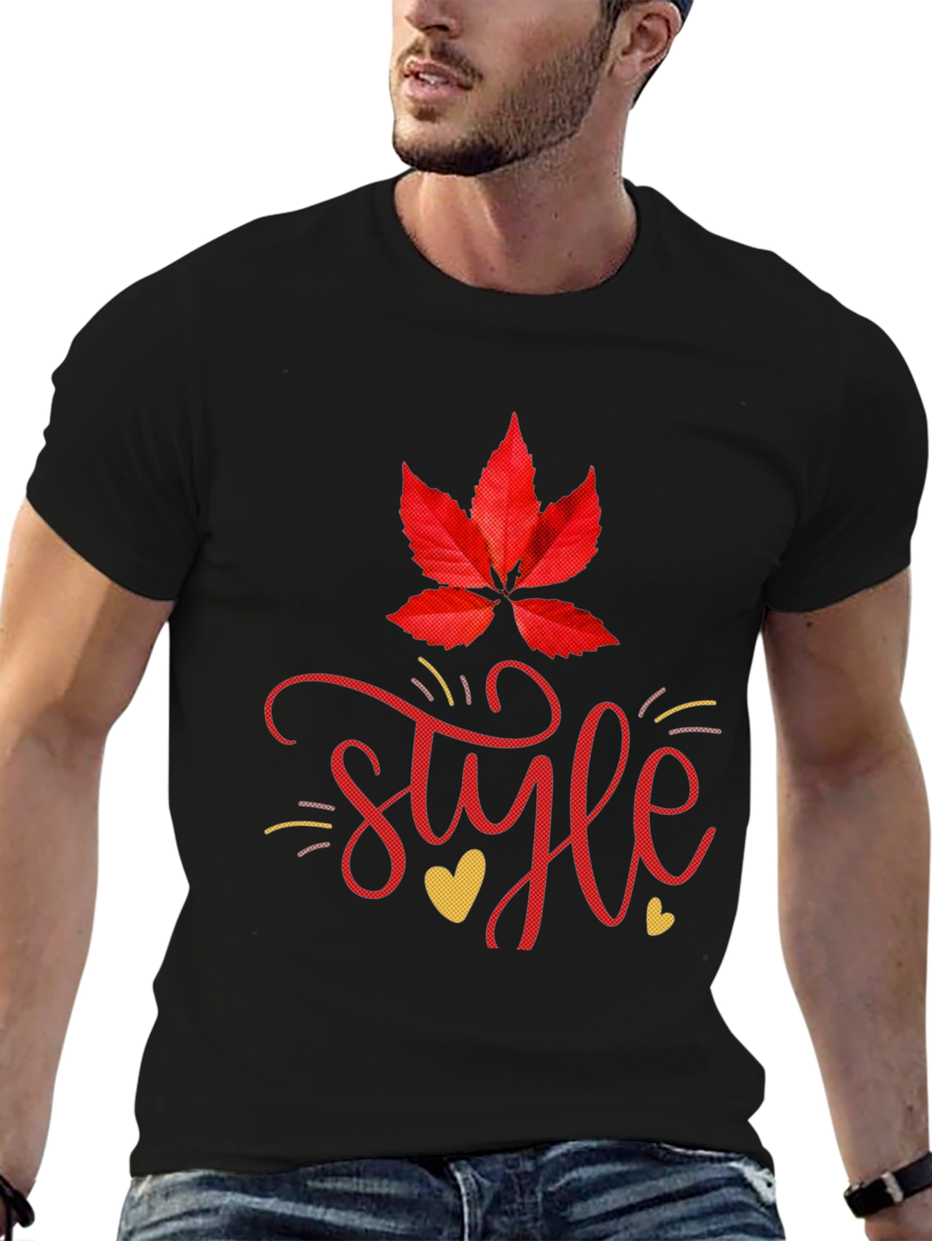 Stylish Black Tee with Leaf and Style Graphic