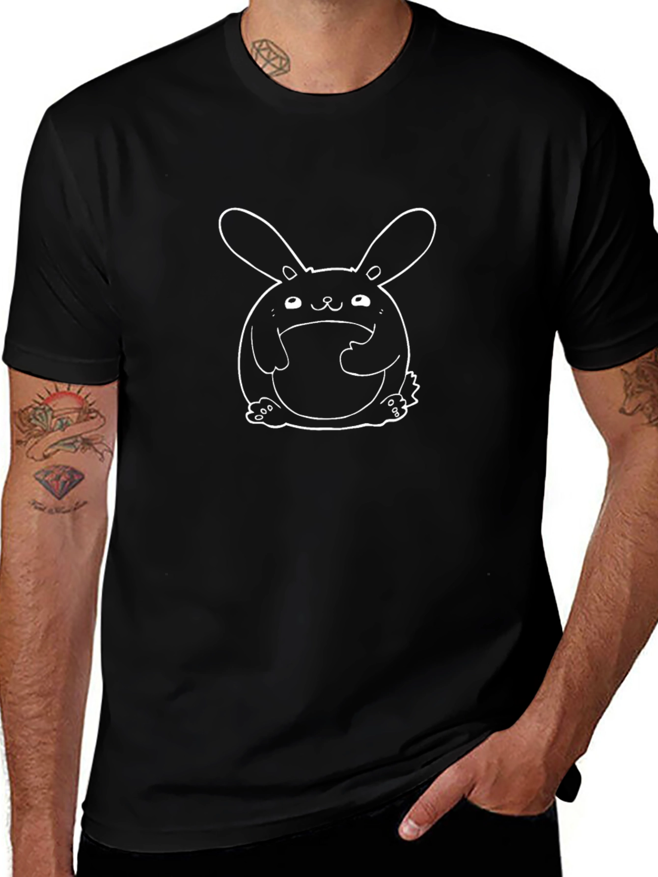 Black T-Shirt with Cartoon Rabbit Design