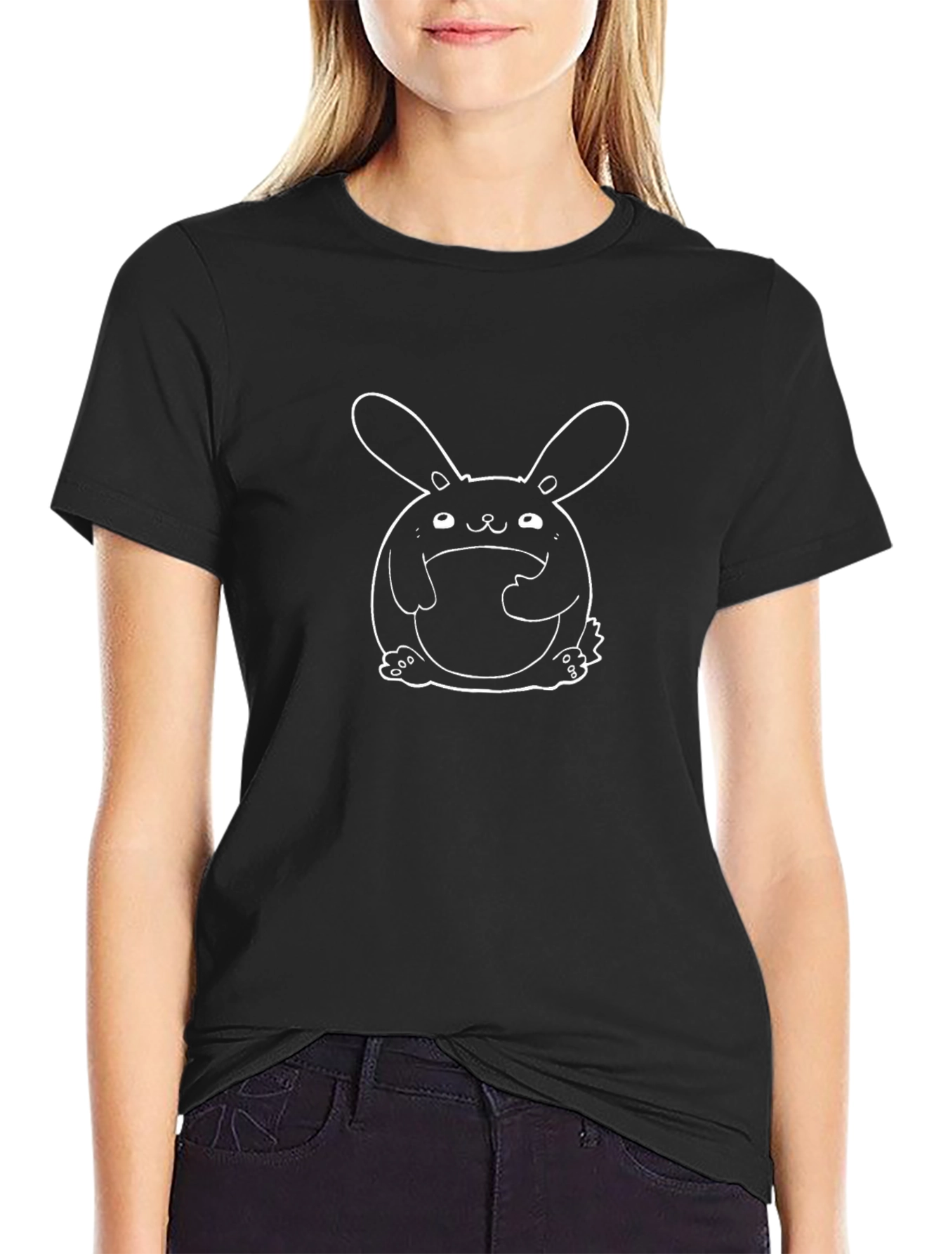 Black T-Shirt with Cartoon Rabbit Design