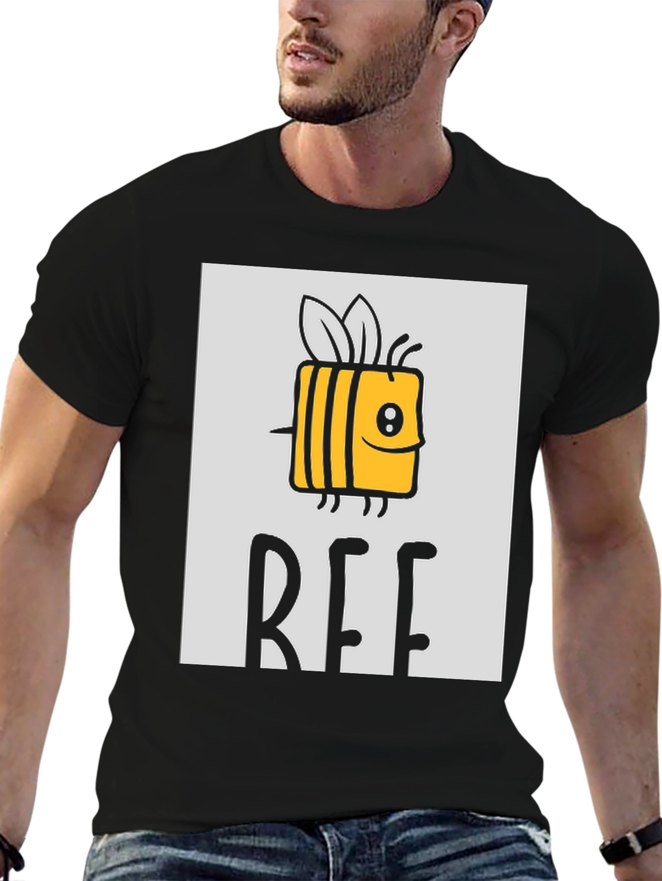 Cute Cartoon Bee Graphic Print Black T-Shirt