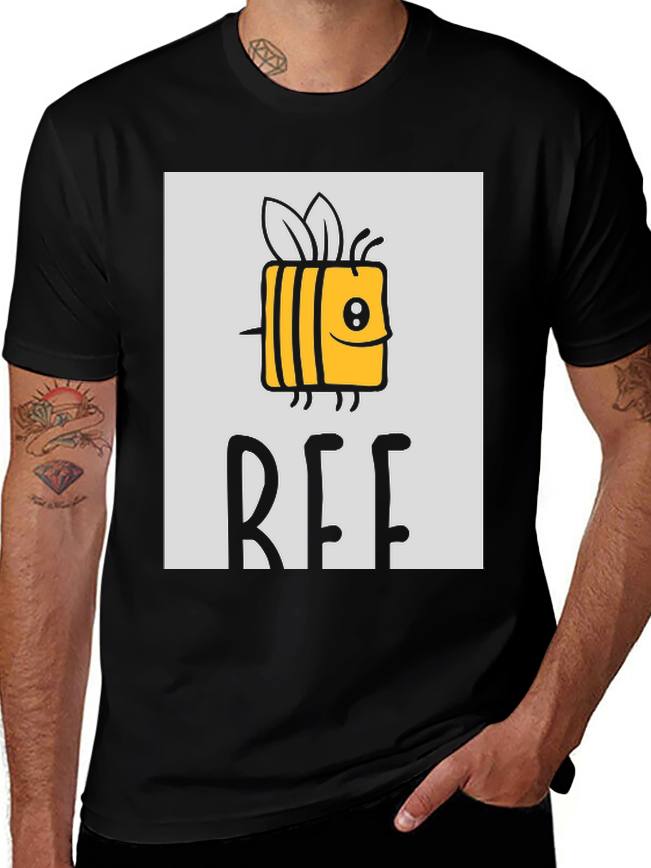 Cute Cartoon Bee Graphic Print Black T-Shirt