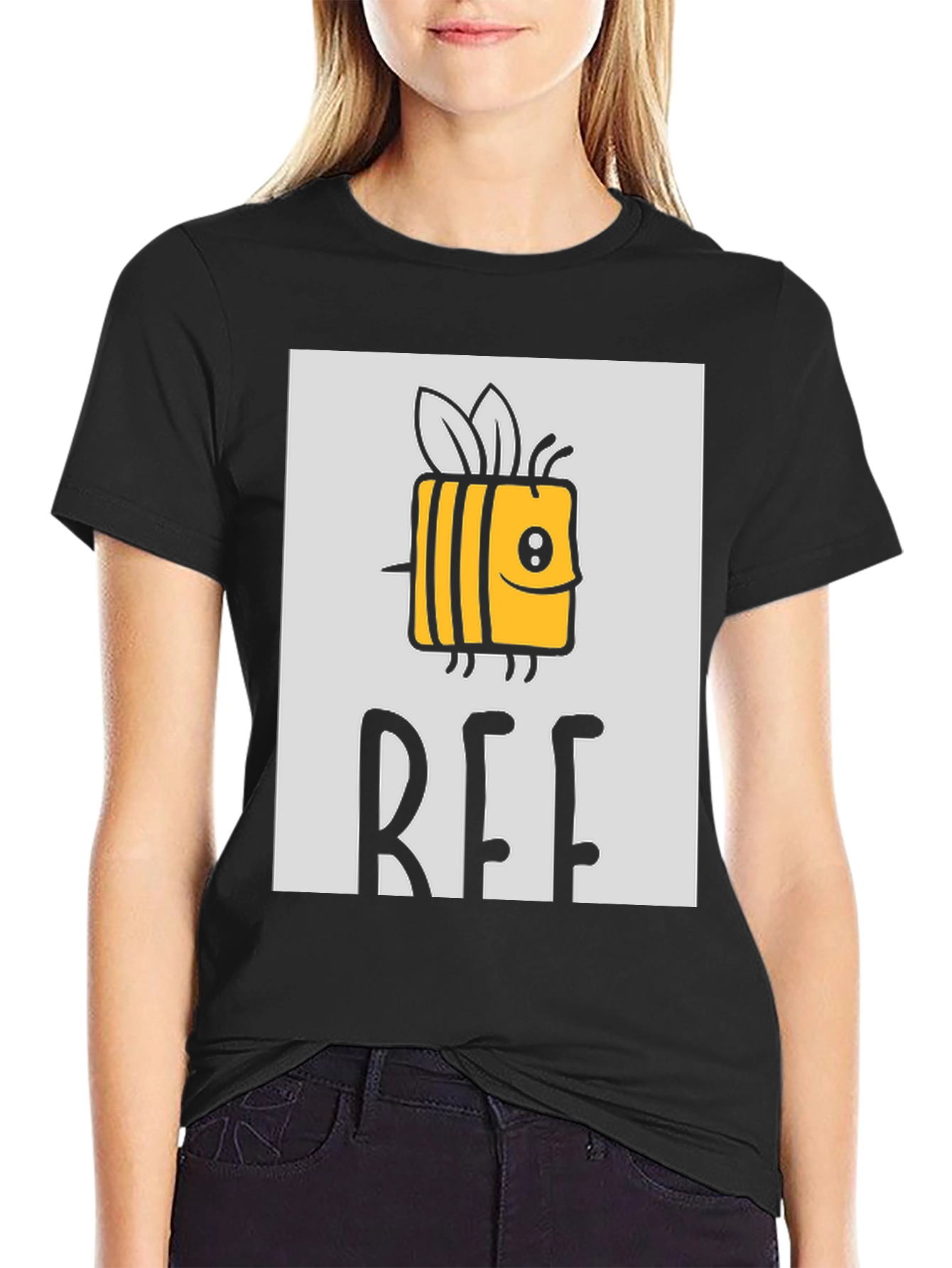 Cute Cartoon Bee Graphic Print Black T-Shirt