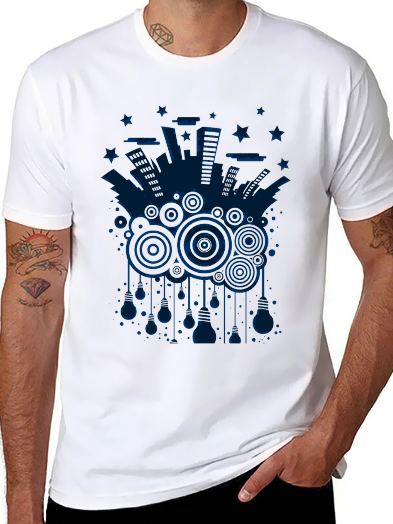 Abstract Cityscape Graphic Tee - Black Cotton T-Shirt