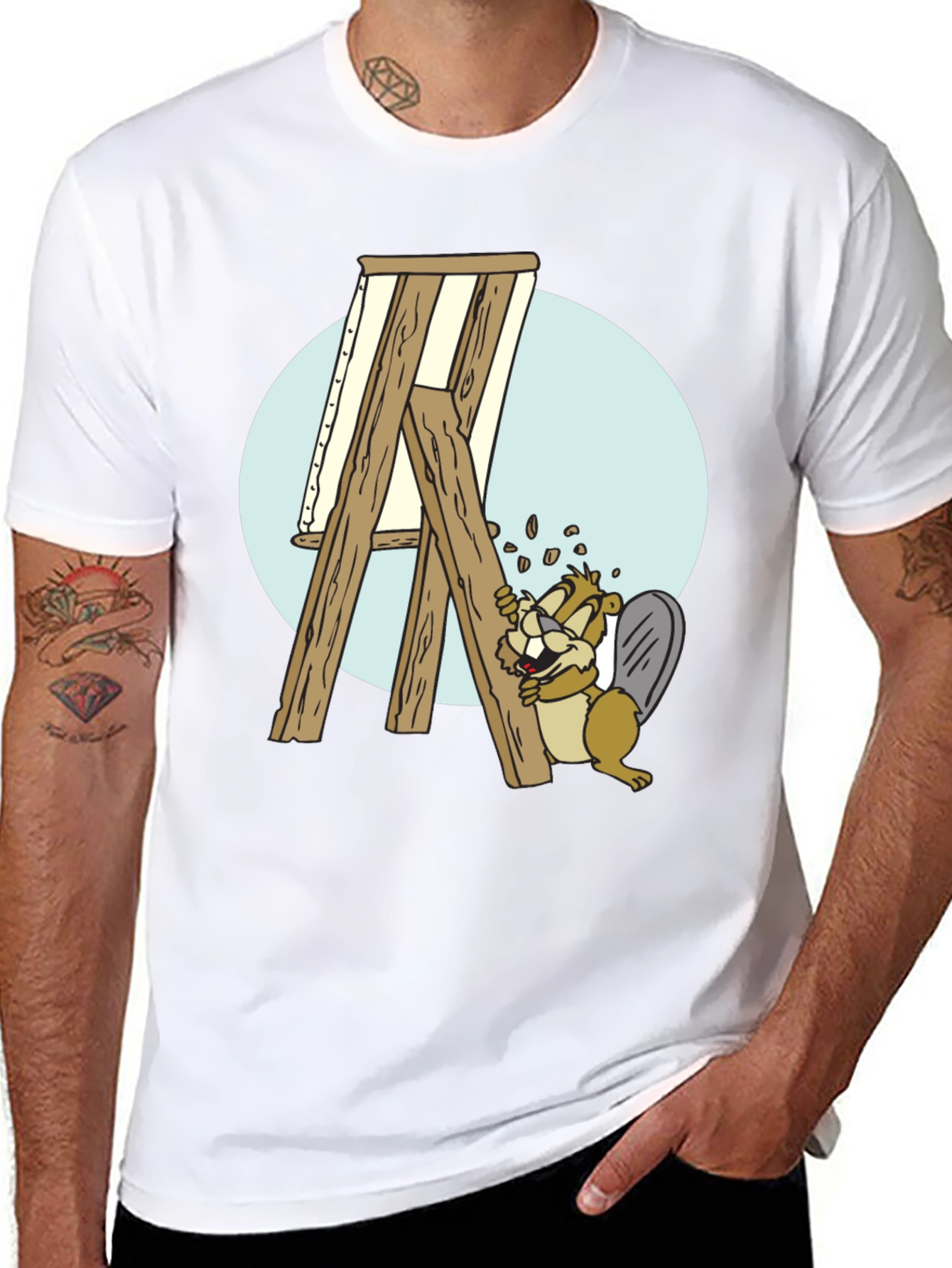 Cartoon Beaver Artist Graphic T-Shirt