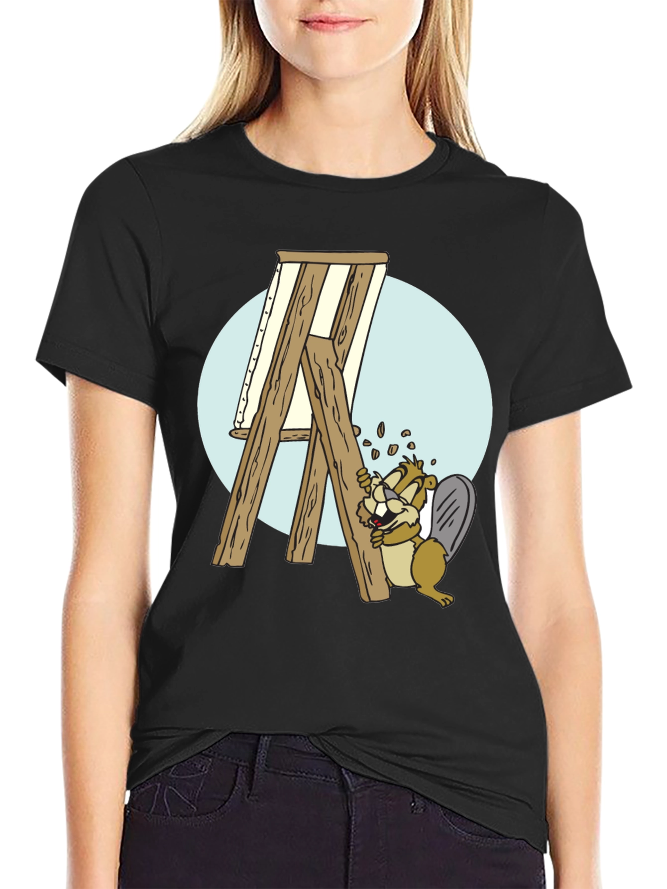 Cartoon Beaver Artist Graphic T-Shirt