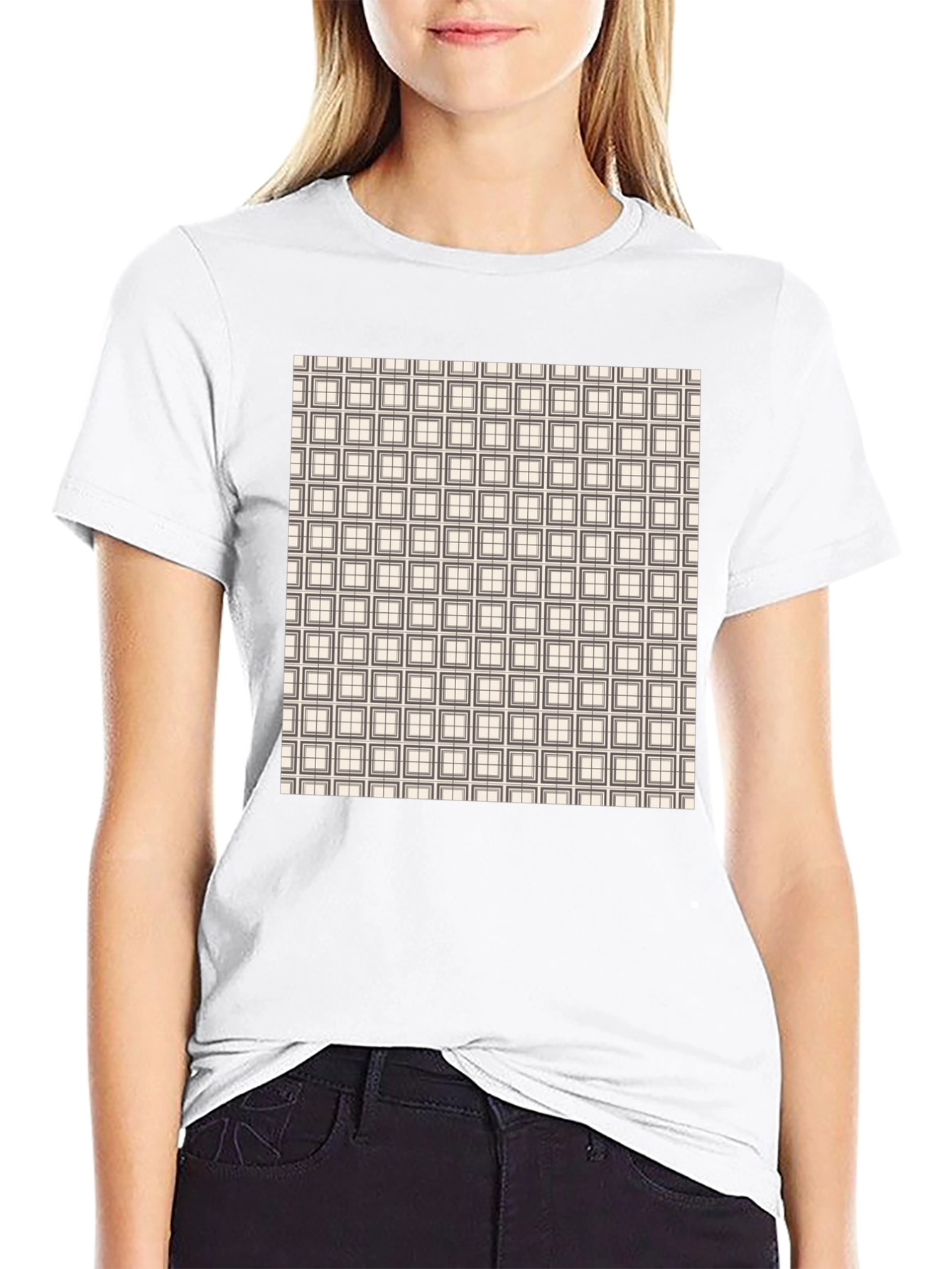 Modern Grid Pattern Black T-Shirt