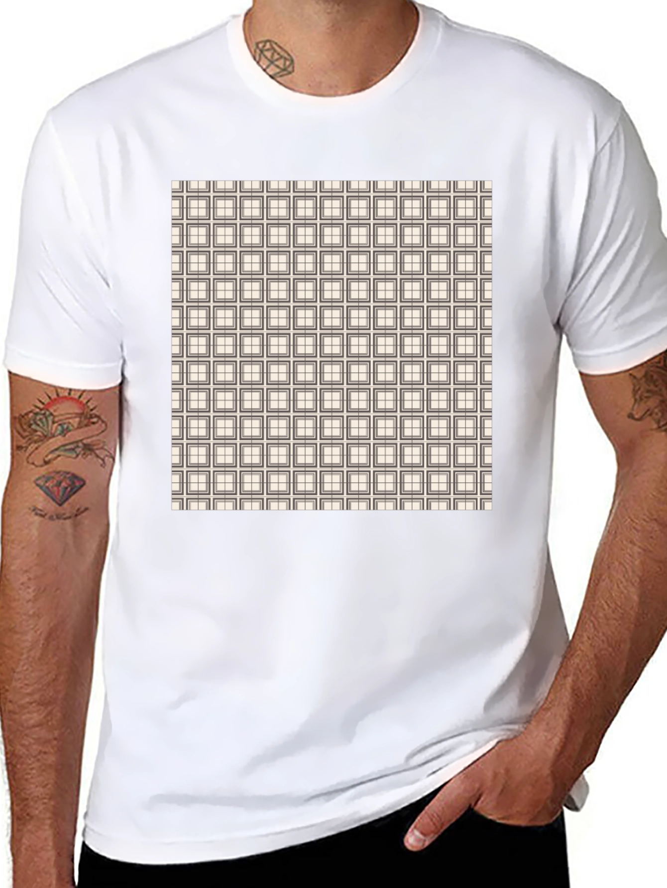 Modern Grid Pattern Black T-Shirt