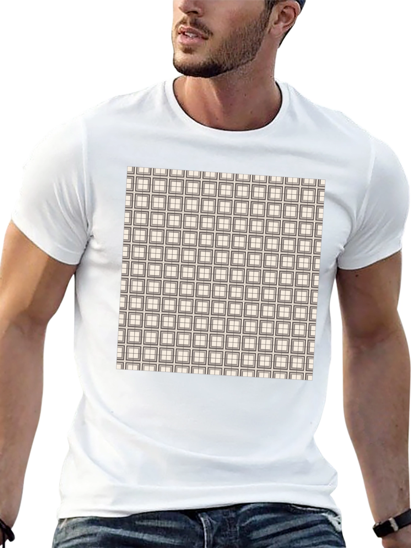 Modern Grid Pattern Black T-Shirt