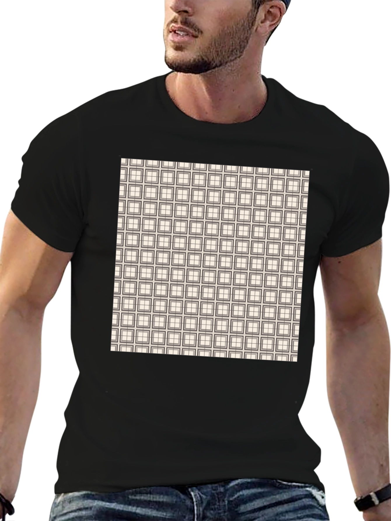 Modern Grid Pattern Black T-Shirt