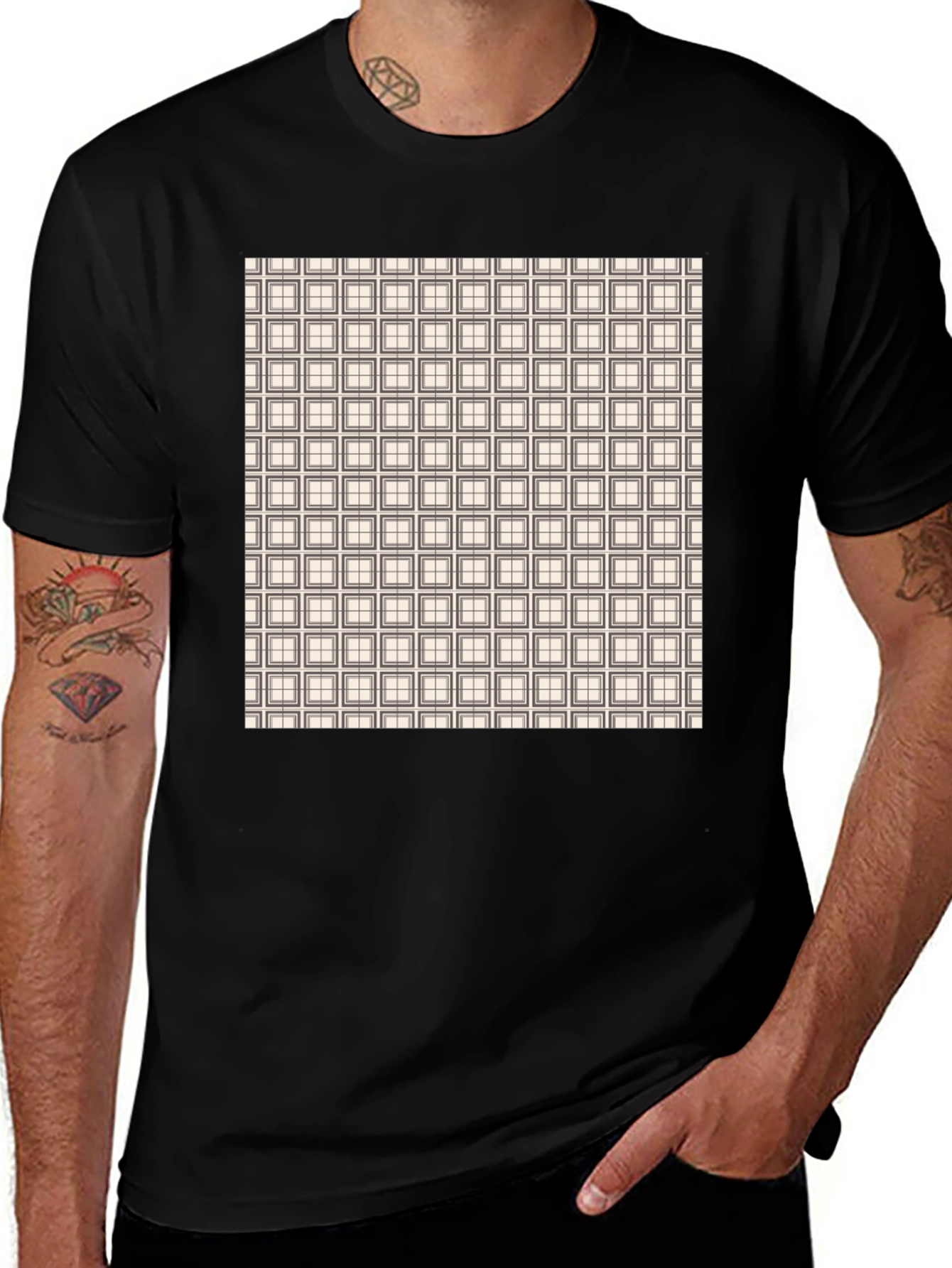 Modern Grid Pattern Black T-Shirt