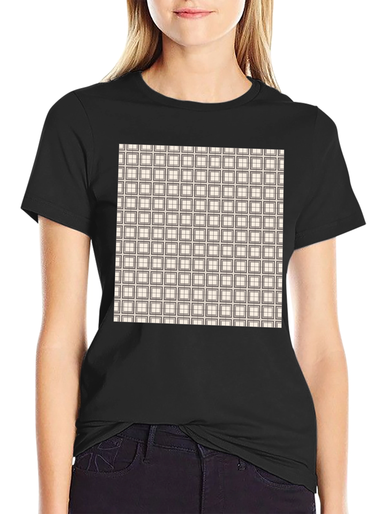 Modern Grid Pattern Black T-Shirt