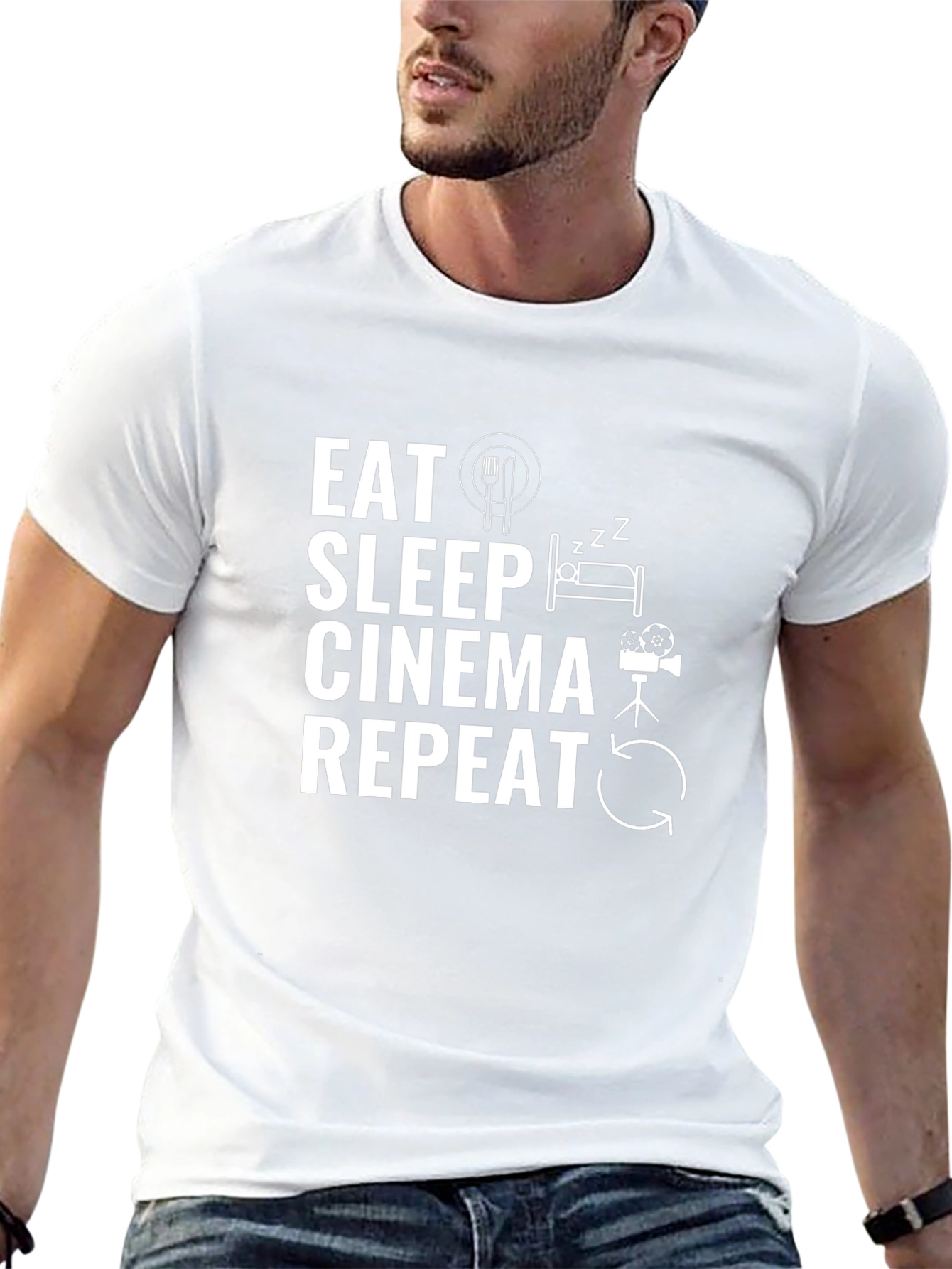 Eat Sleep Cinema Repeat Black Graphic T-Shirt