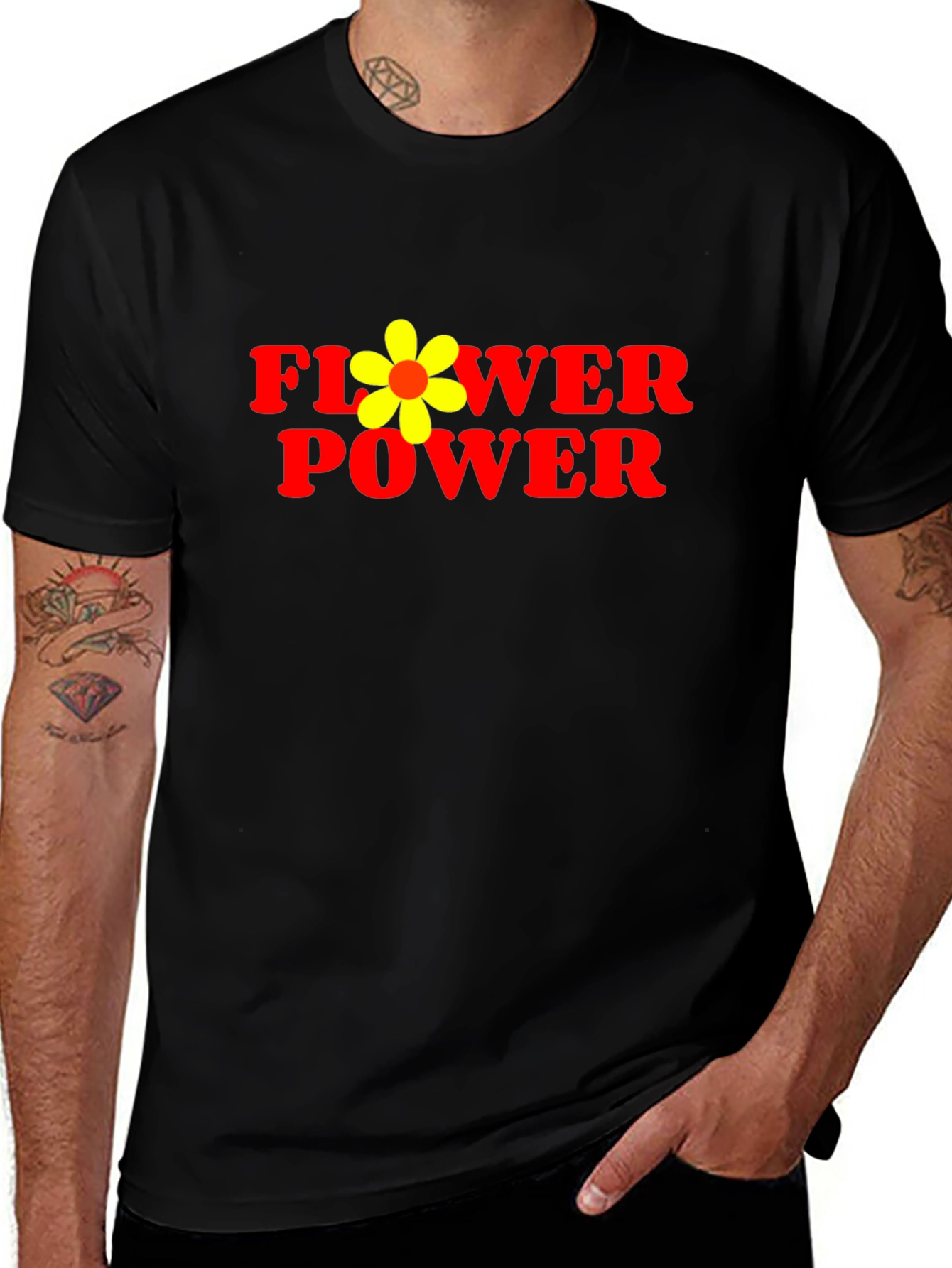 Flower Power Graphic Tee - Black Cotton Casual T-Shirt