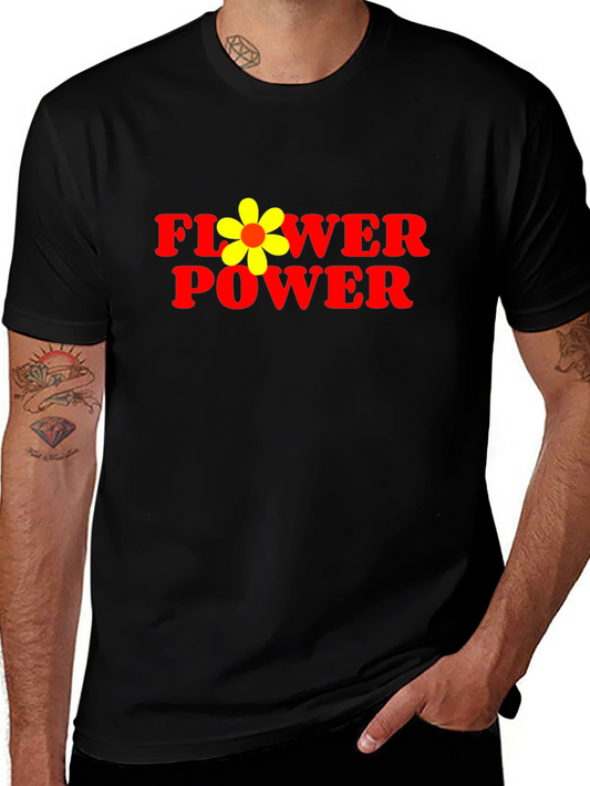 Flower Power Graphic Tee - Black Cotton Casual T-Shirt