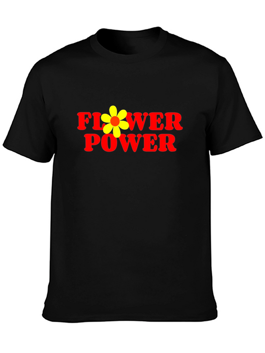 Flower Power Graphic Tee - Black Cotton Casual T-Shirt