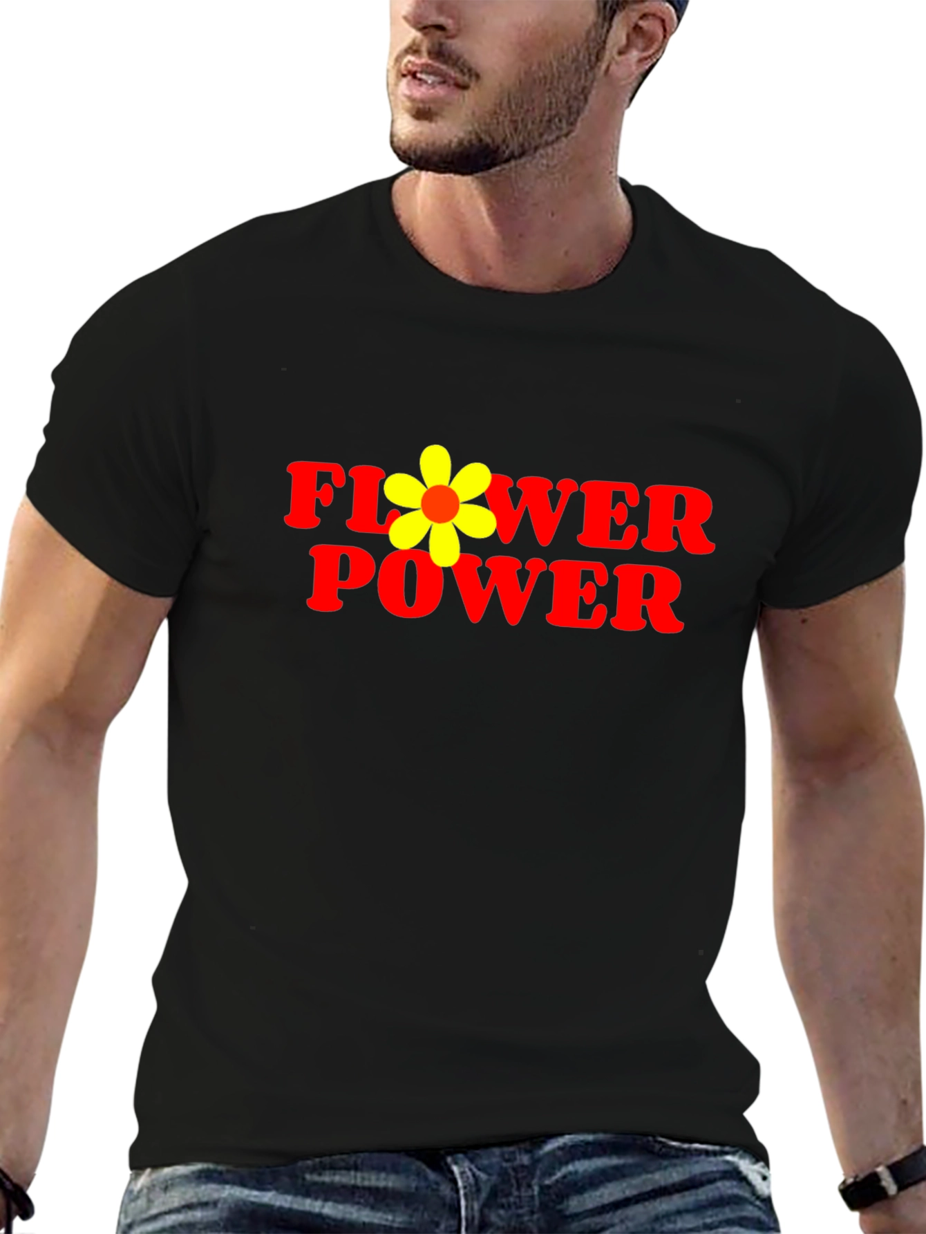 Flower Power Graphic Tee - Black Cotton Casual T-Shirt