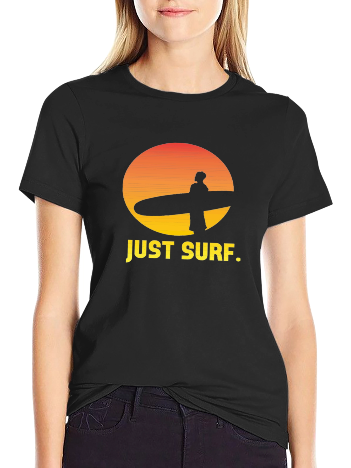 Just Surf Graphic Tee - Sunset Surfer Design