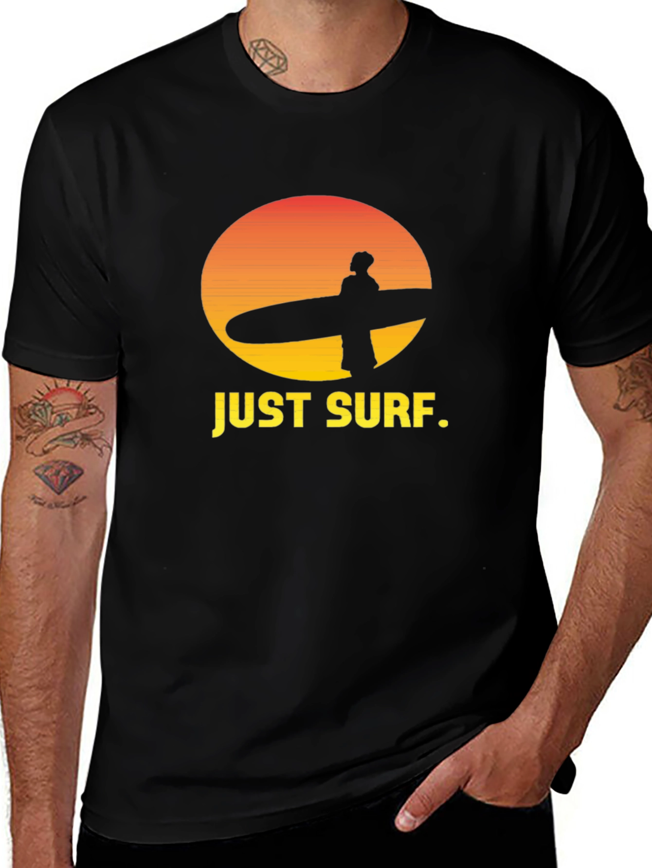 Just Surf Graphic Tee - Sunset Surfer Design