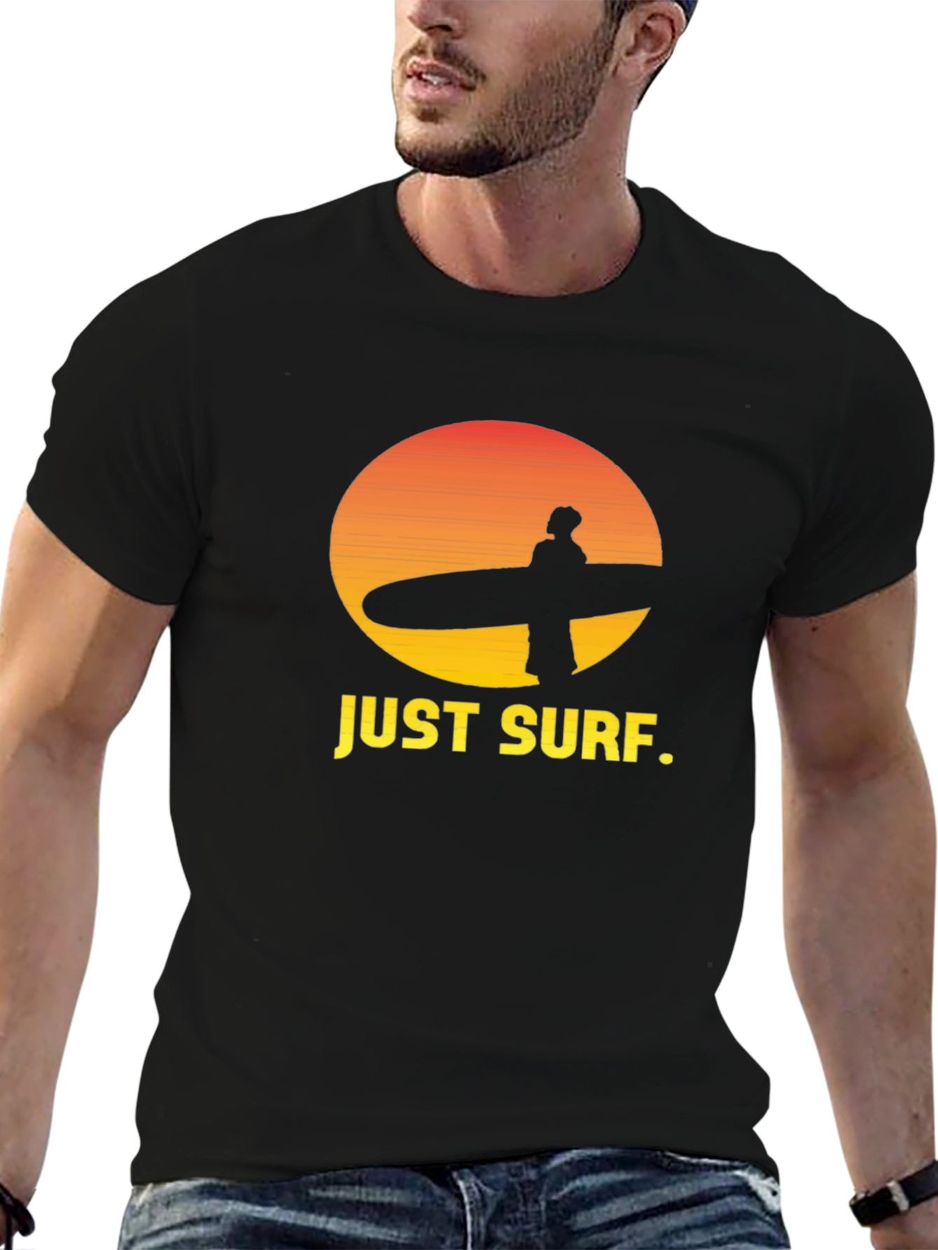 Just Surf Graphic Tee - Sunset Surfer Design