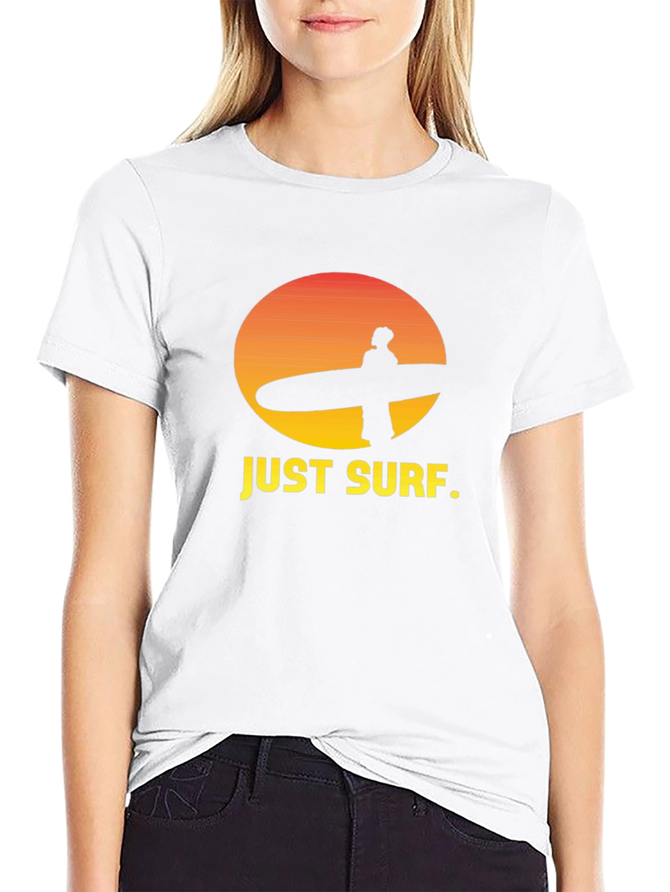 Just Surf Graphic Tee - Sunset Surfer Design