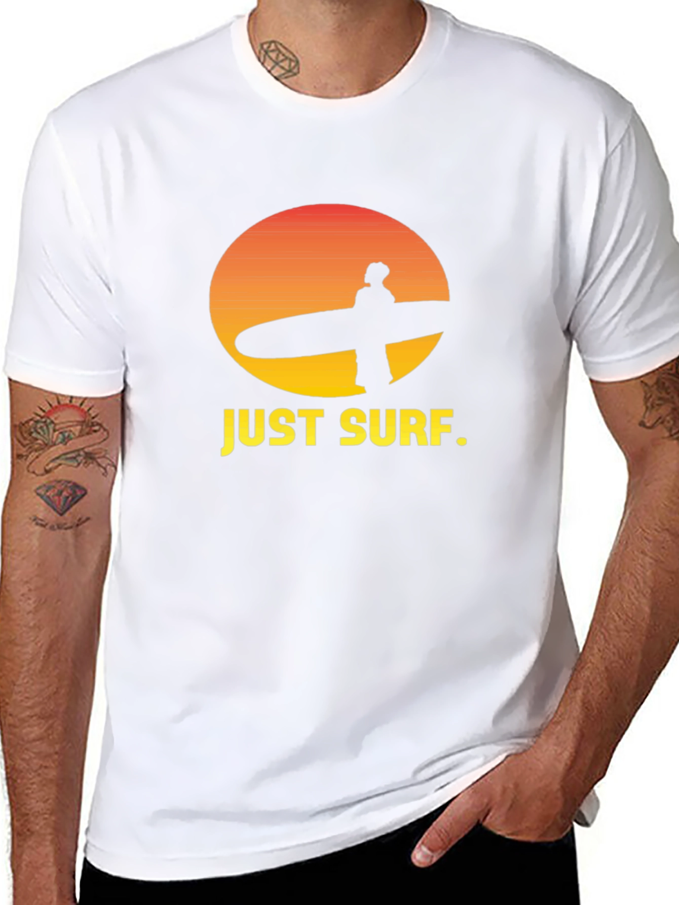 Just Surf Graphic Tee - Sunset Surfer Design