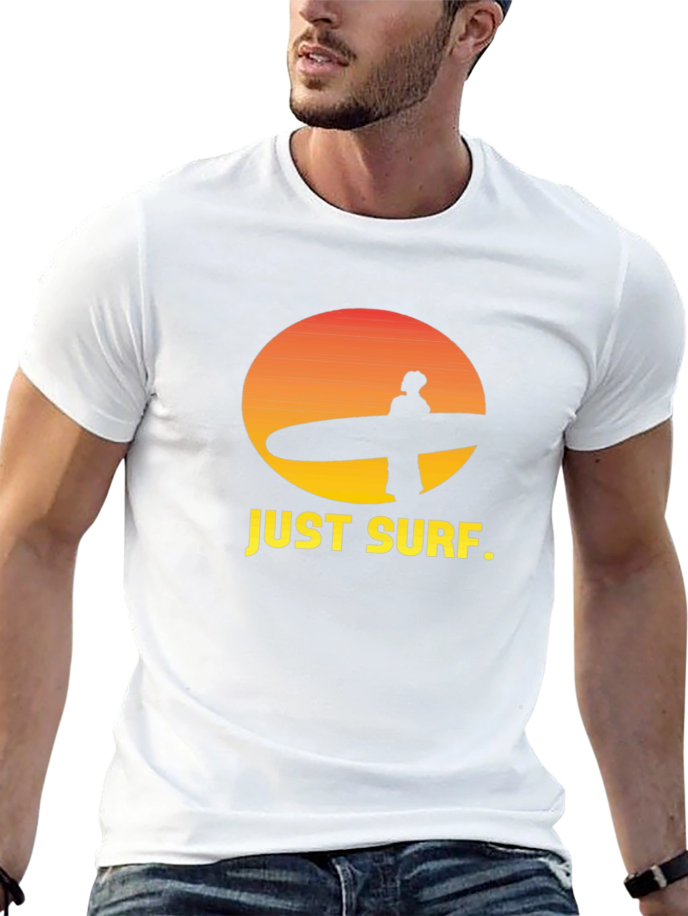 Just Surf Graphic Tee - Sunset Surfer Design