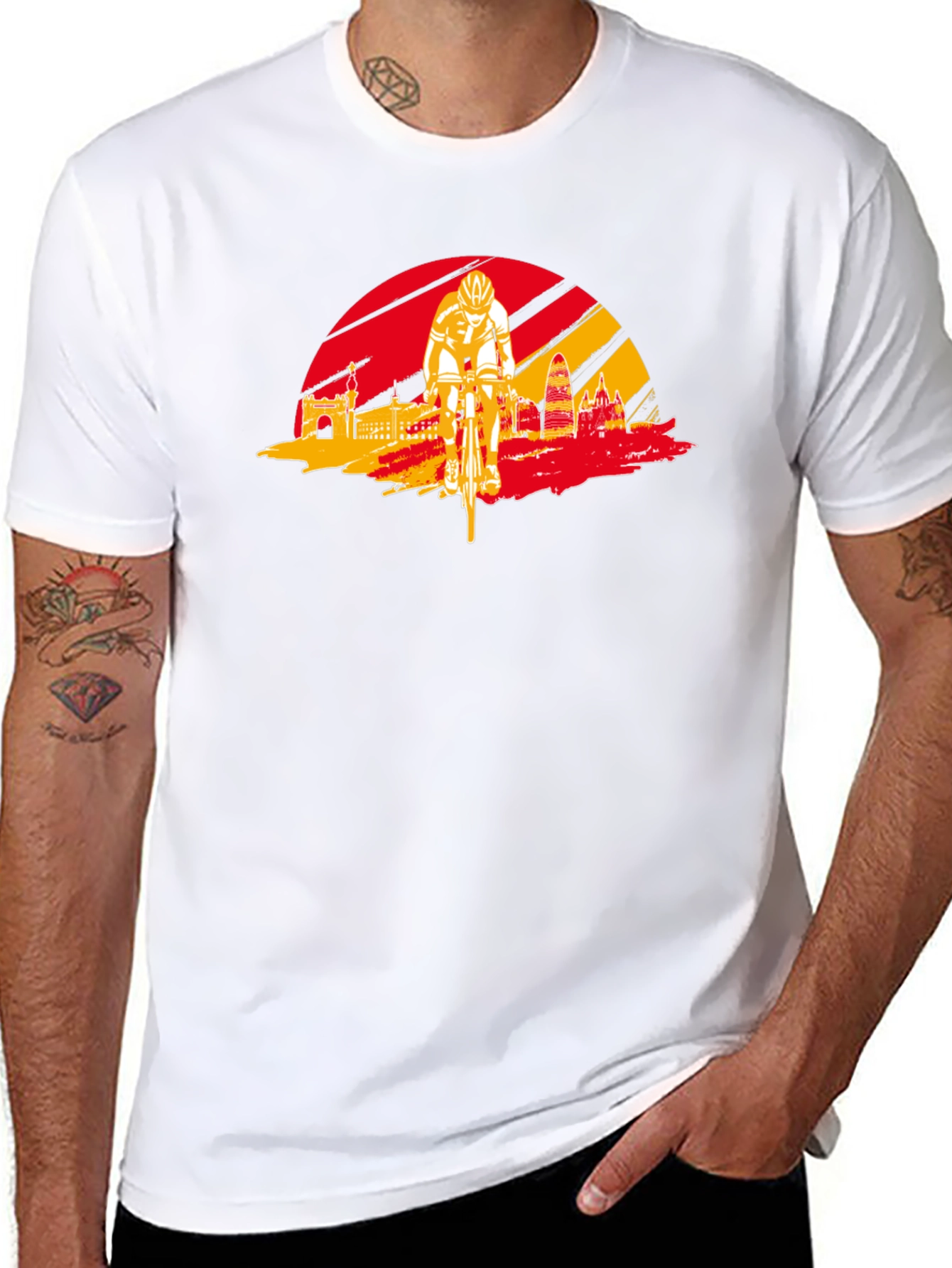 Barcelona Cycling T-Shirt - Red & Yellow Skyline