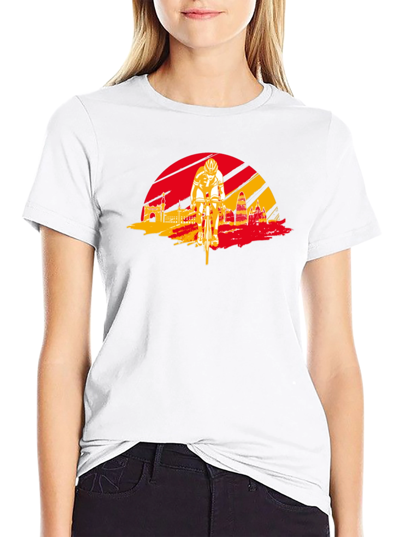 Barcelona Cycling T-Shirt - Red & Yellow Skyline