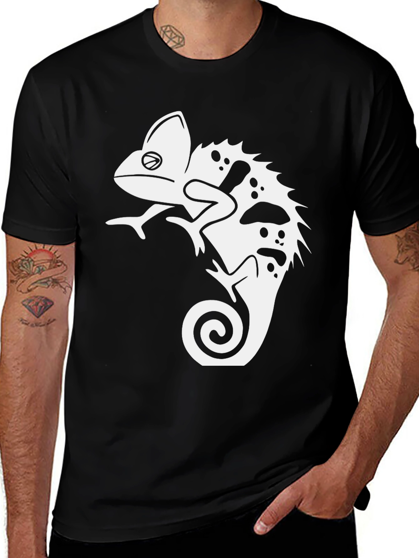 Black T-Shirt with Chameleon Graphic Print