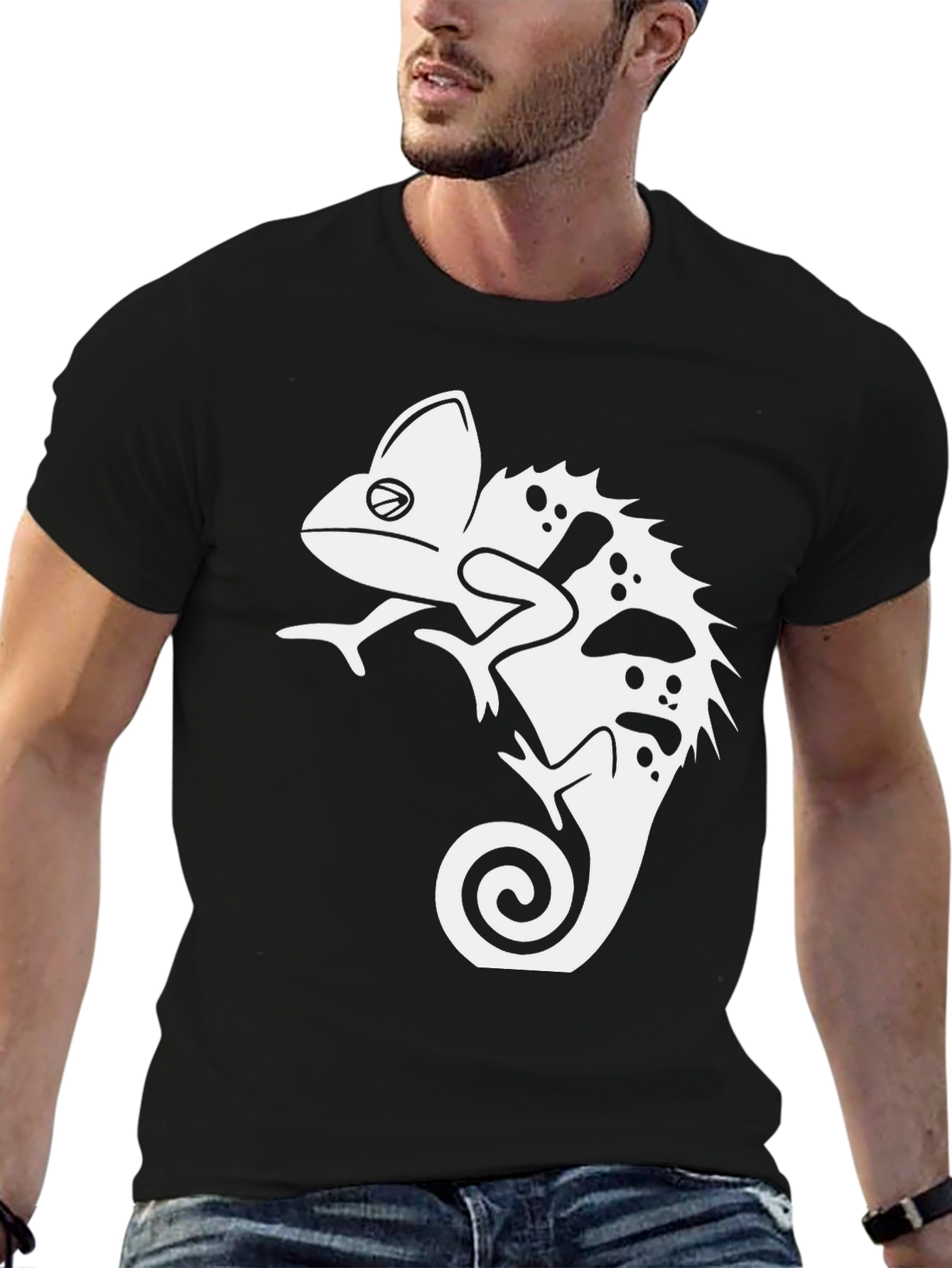 Black T-Shirt with Chameleon Graphic Print