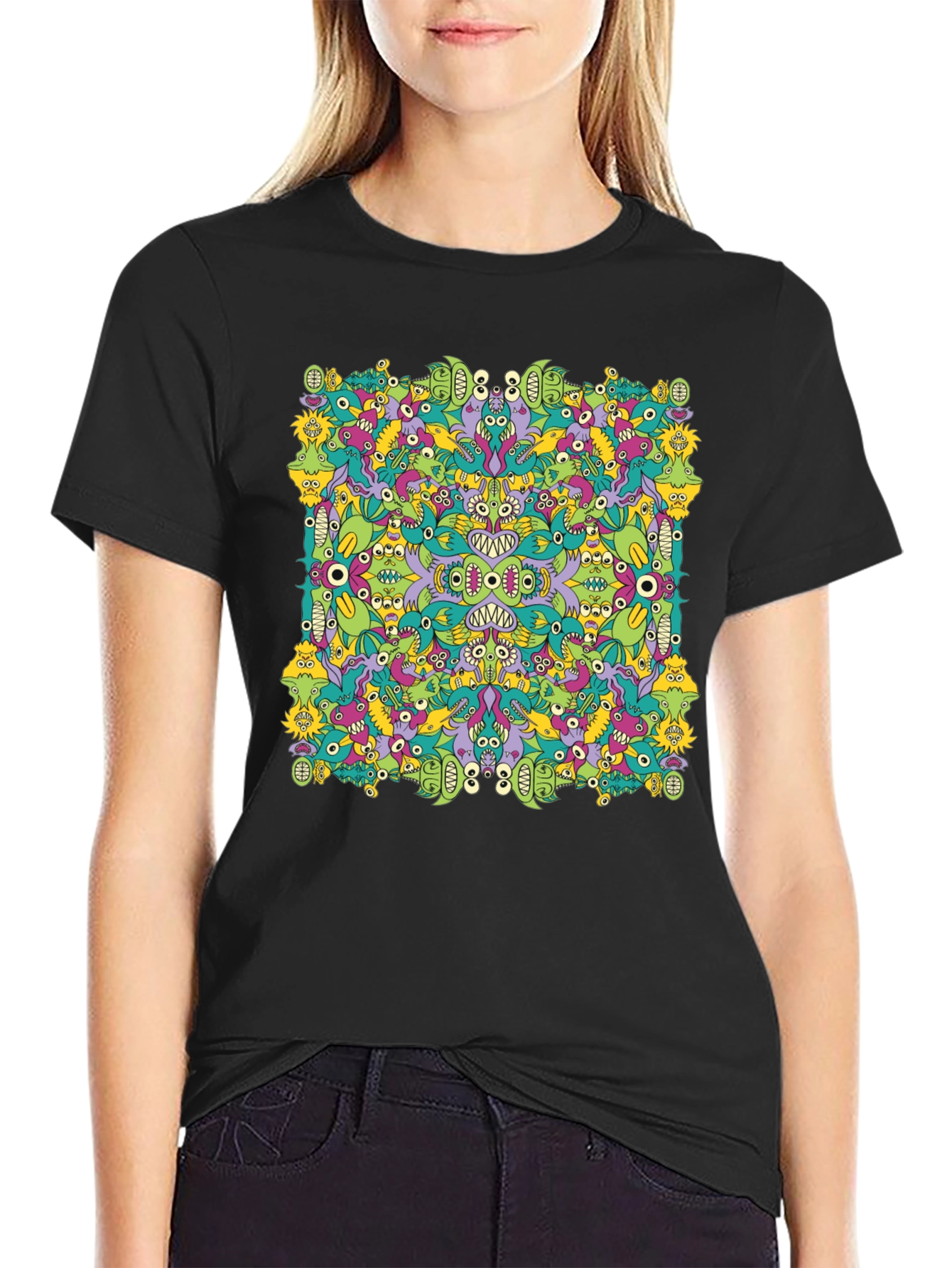 Funky Monster Doodle Graphic Tee - Black