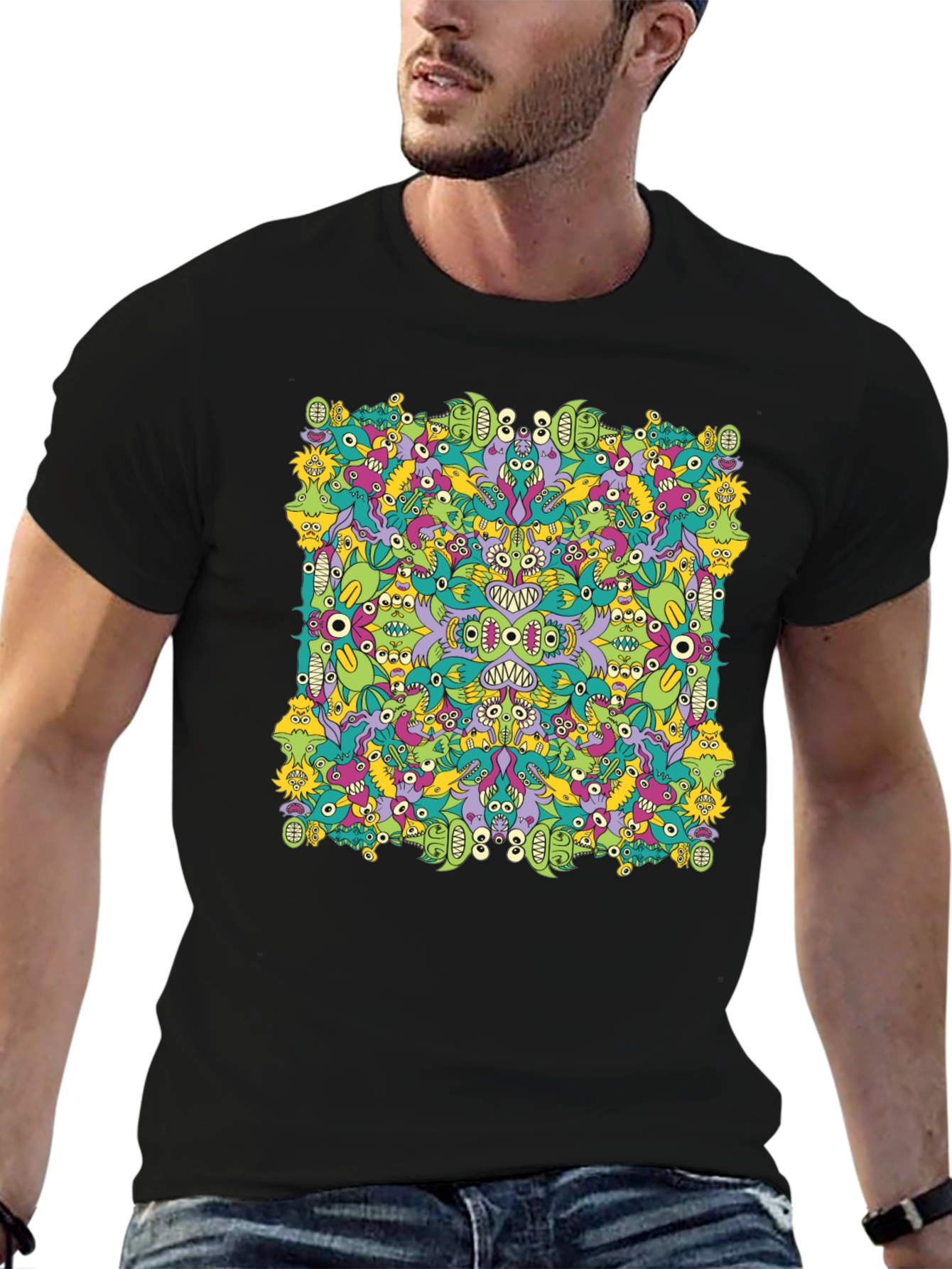 Funky Monster Doodle Graphic Tee - Black