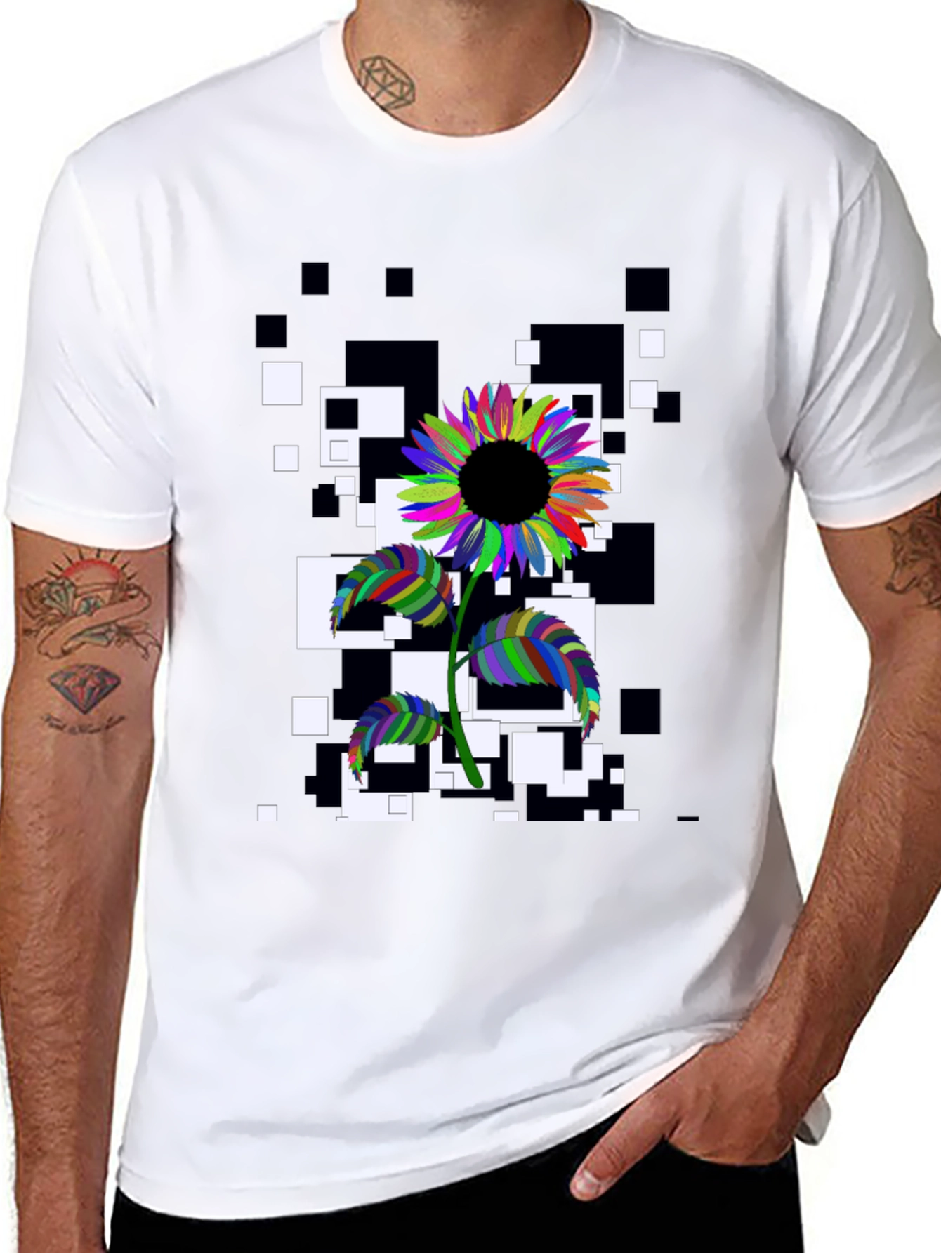Abstract Sunflower Graphic Tee - Stylish Black T-Shirt